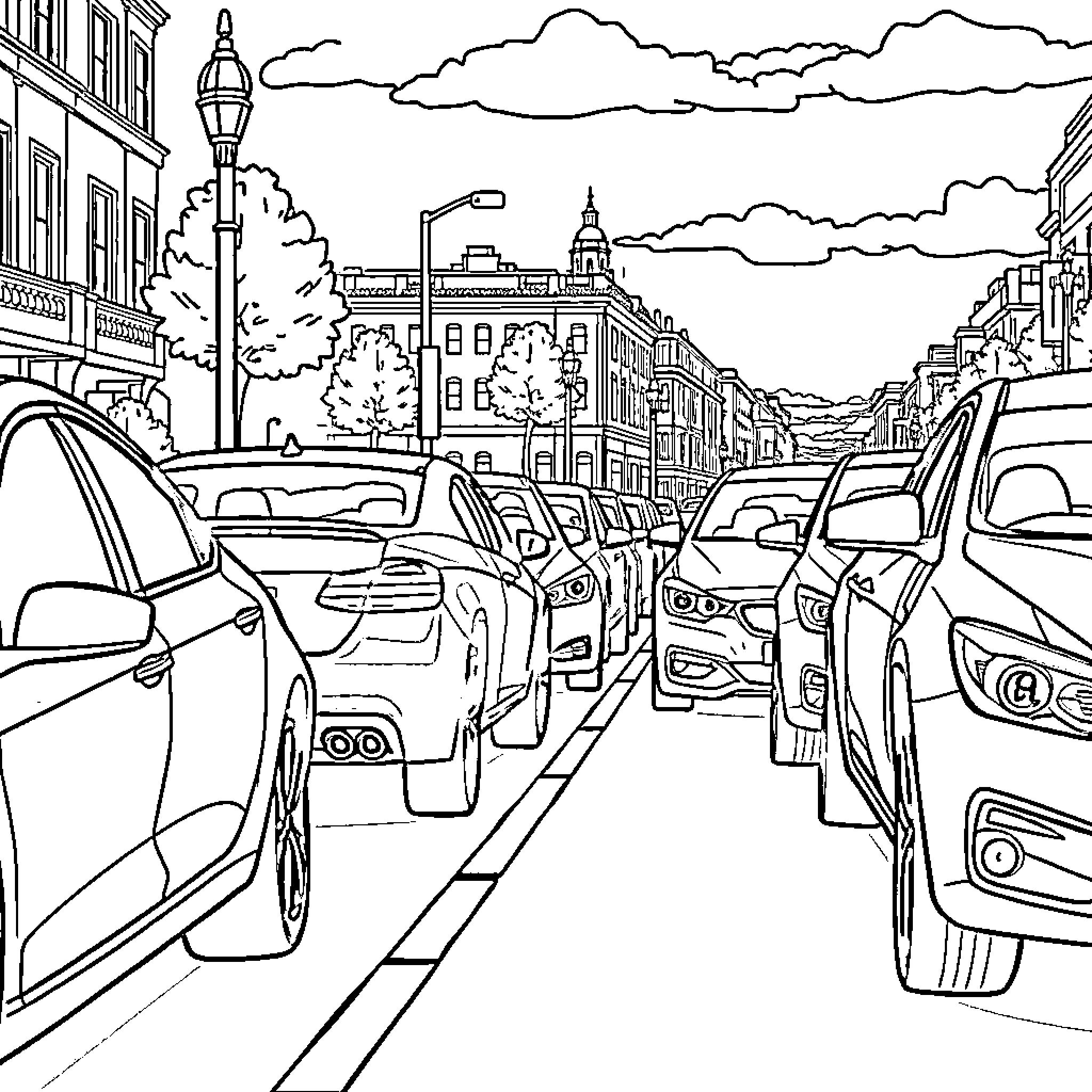 Car traffic on busy city street with buildings Coloring Page (free black-and-white line drawing printable PDF for all, from beginners to advanced learners, including children, teens, adults, and seniors)