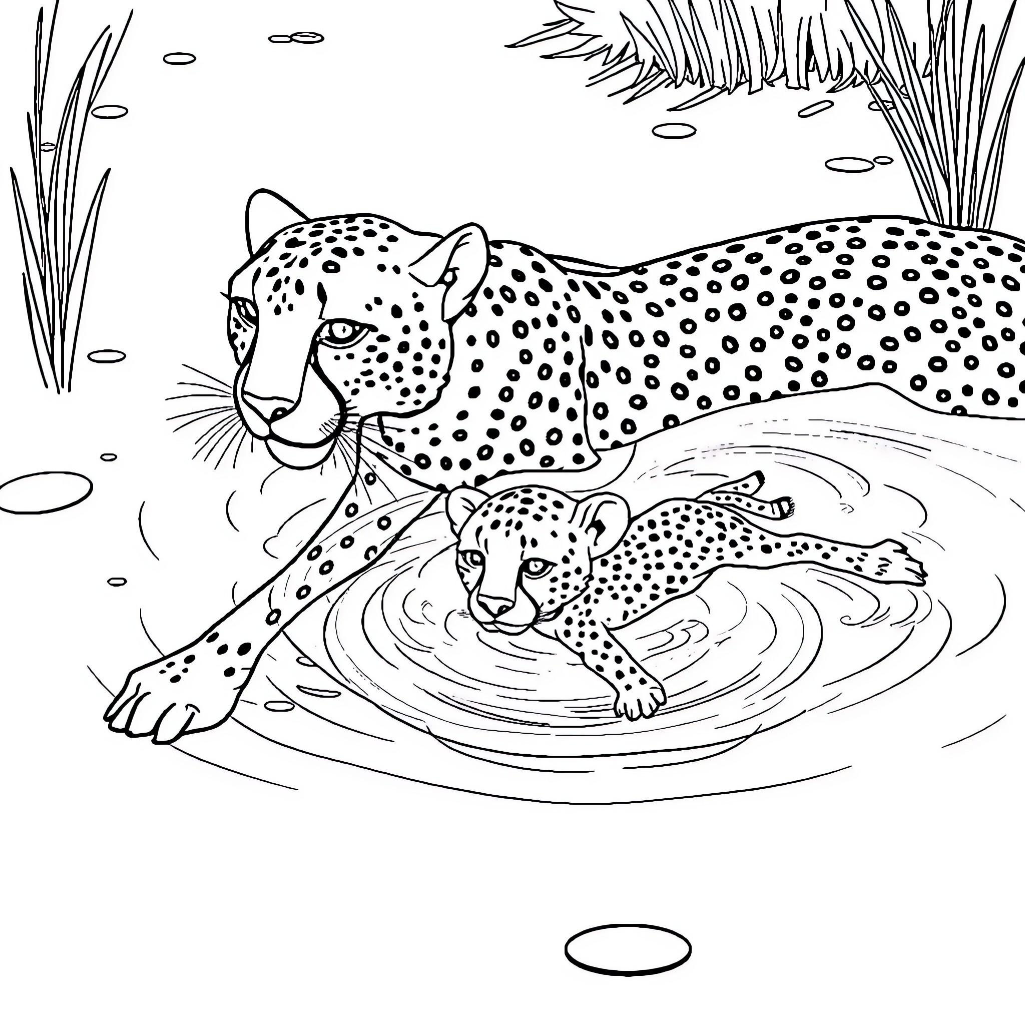 Cheetahs playing in a watery habitat Coloring Page (free black-and-white line drawing printable PDF for all, from beginners to advanced learners, including children, teens, adults, and seniors)