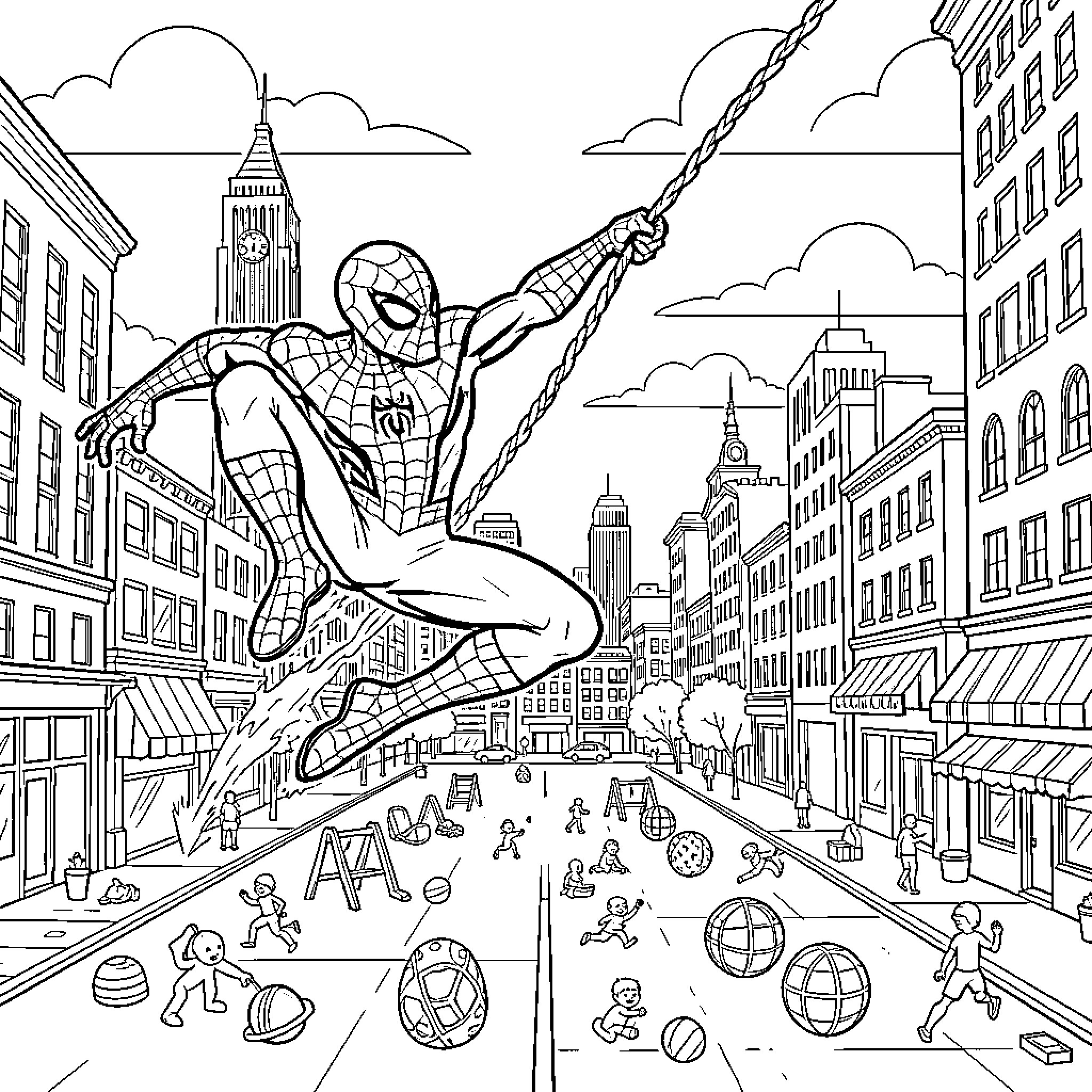 Spiderman Swinging through the Vibrant City Coloring Page (free black-and-white line drawing printable PDF for all, from beginners to advanced learners, including children, teens, adults, and seniors)