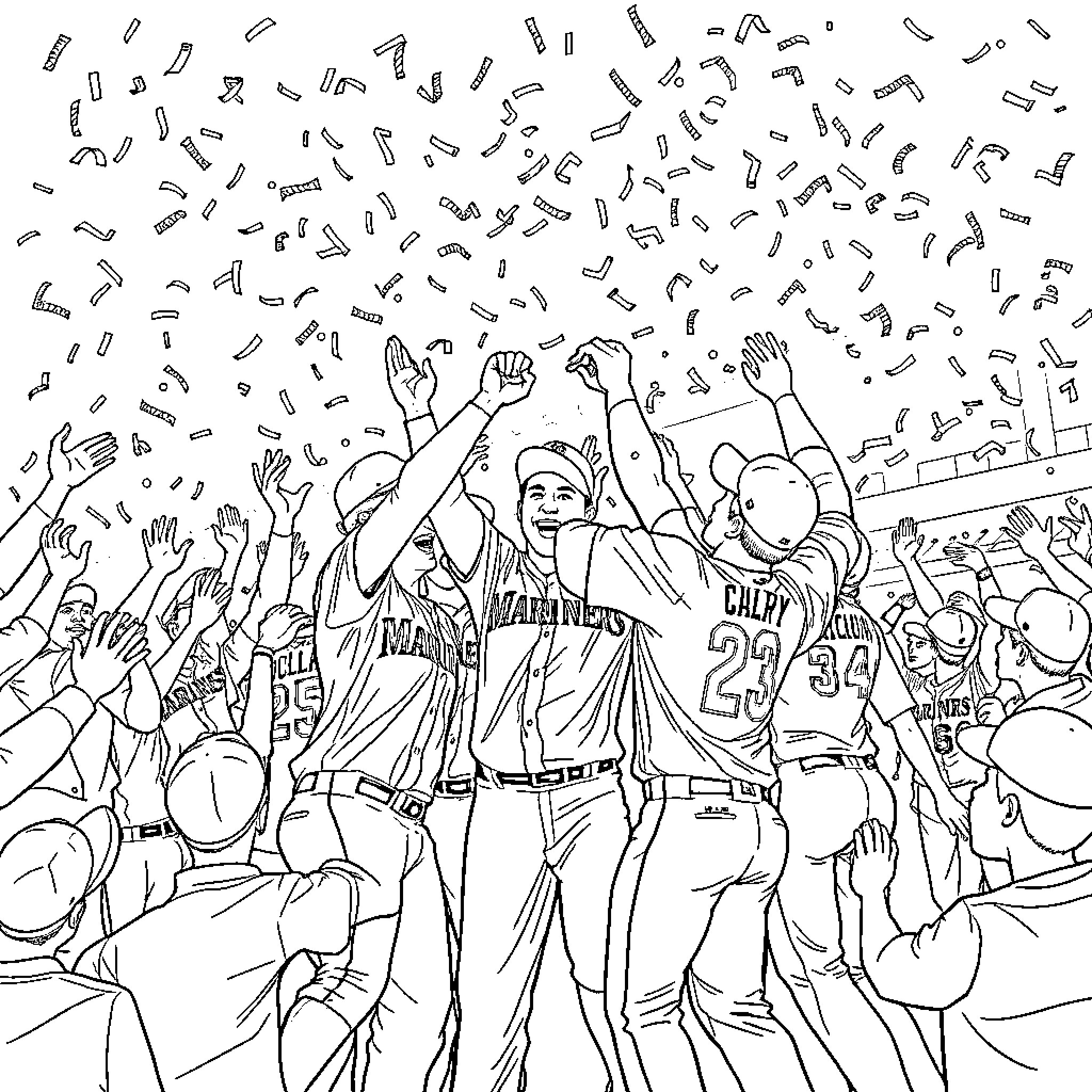 Mariner fans celebrating victory at the stadium Coloring Page (free black-and-white line drawing printable PDF for all, from beginners to advanced learners, including children, teens, adults, and seniors)