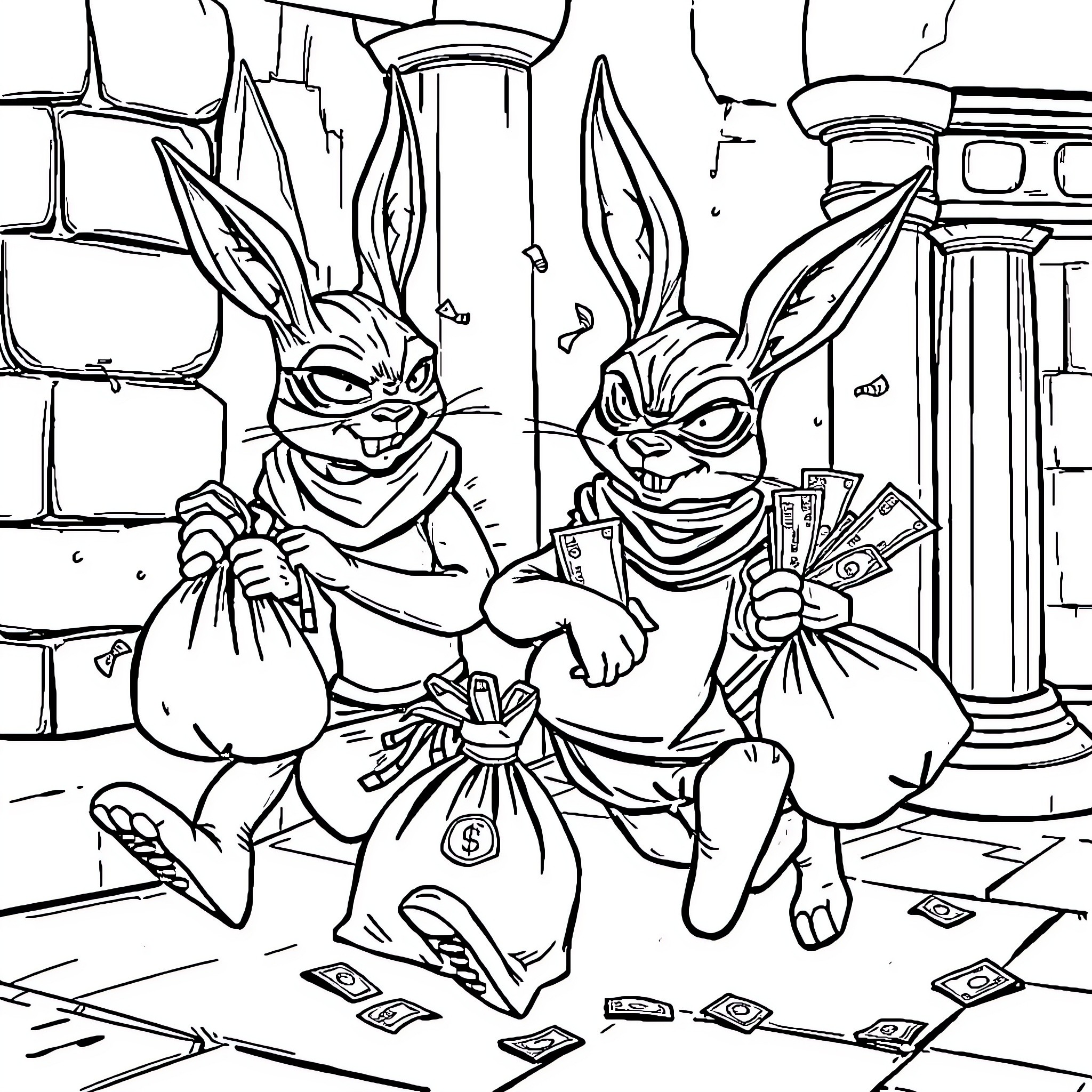 Demon Bunnies Robbing a Bank Coloring Page (free black-and-white line drawing printable PDF for all, from beginners to advanced learners, including children, teens, adults, and seniors)