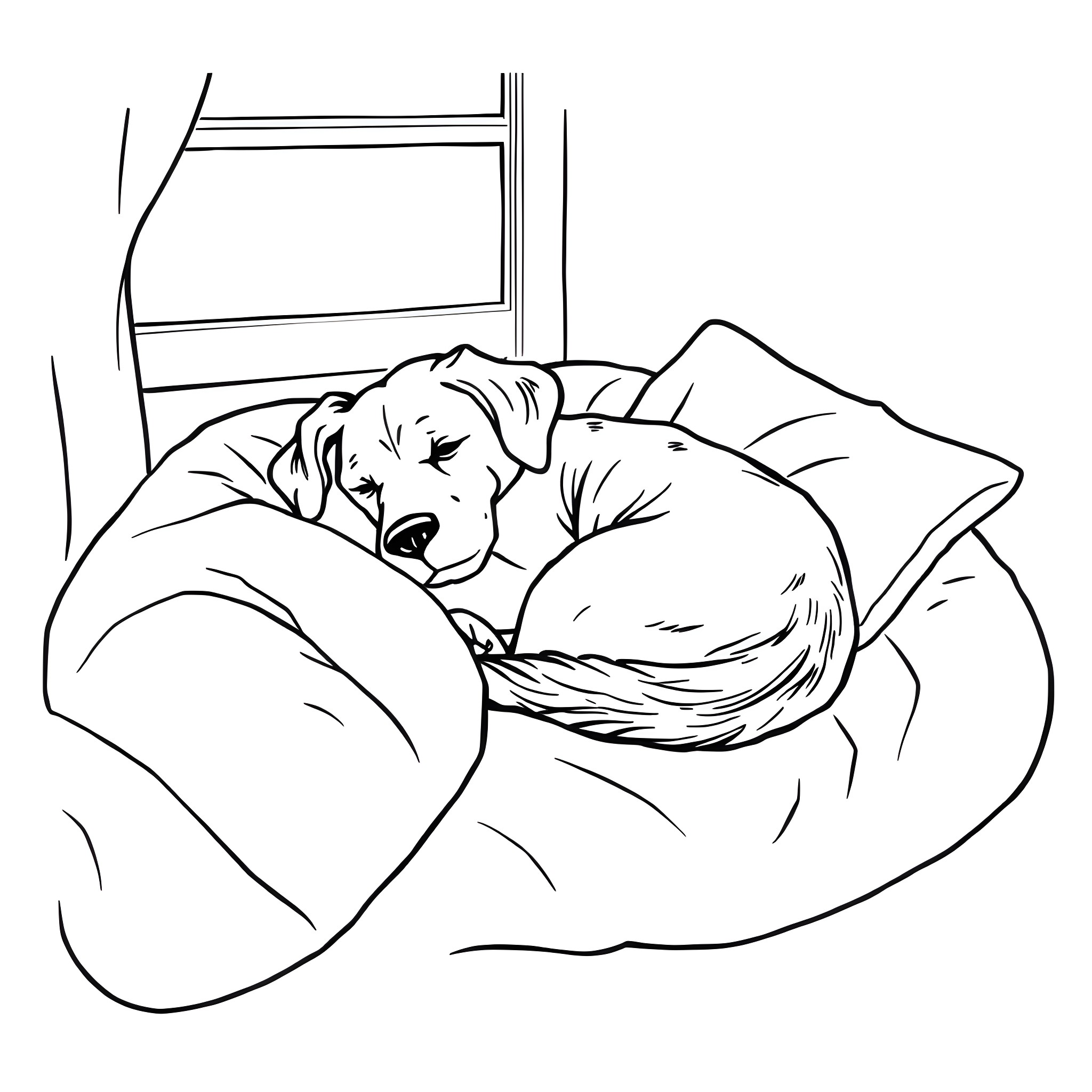 Dog sleeping peacefully on the couch Coloring Page (free black-and-white line drawing printable PDF for all, from beginners to advanced learners, including children, teens, adults, and seniors)