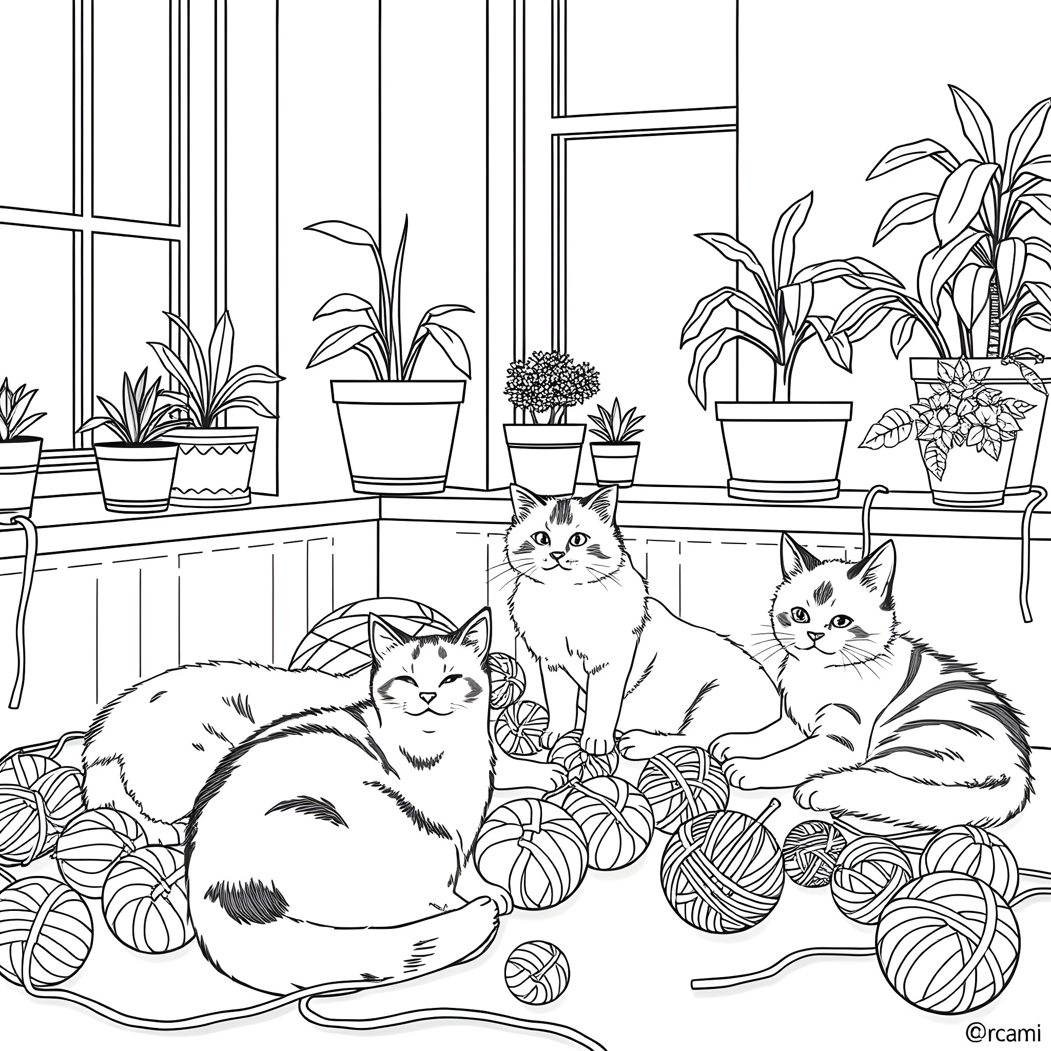 Cats relaxing in cozy greenhouse Coloring Page (free black-and-white line drawing printable PDF for all, from beginners to advanced learners, including children, teens, adults, and seniors)
