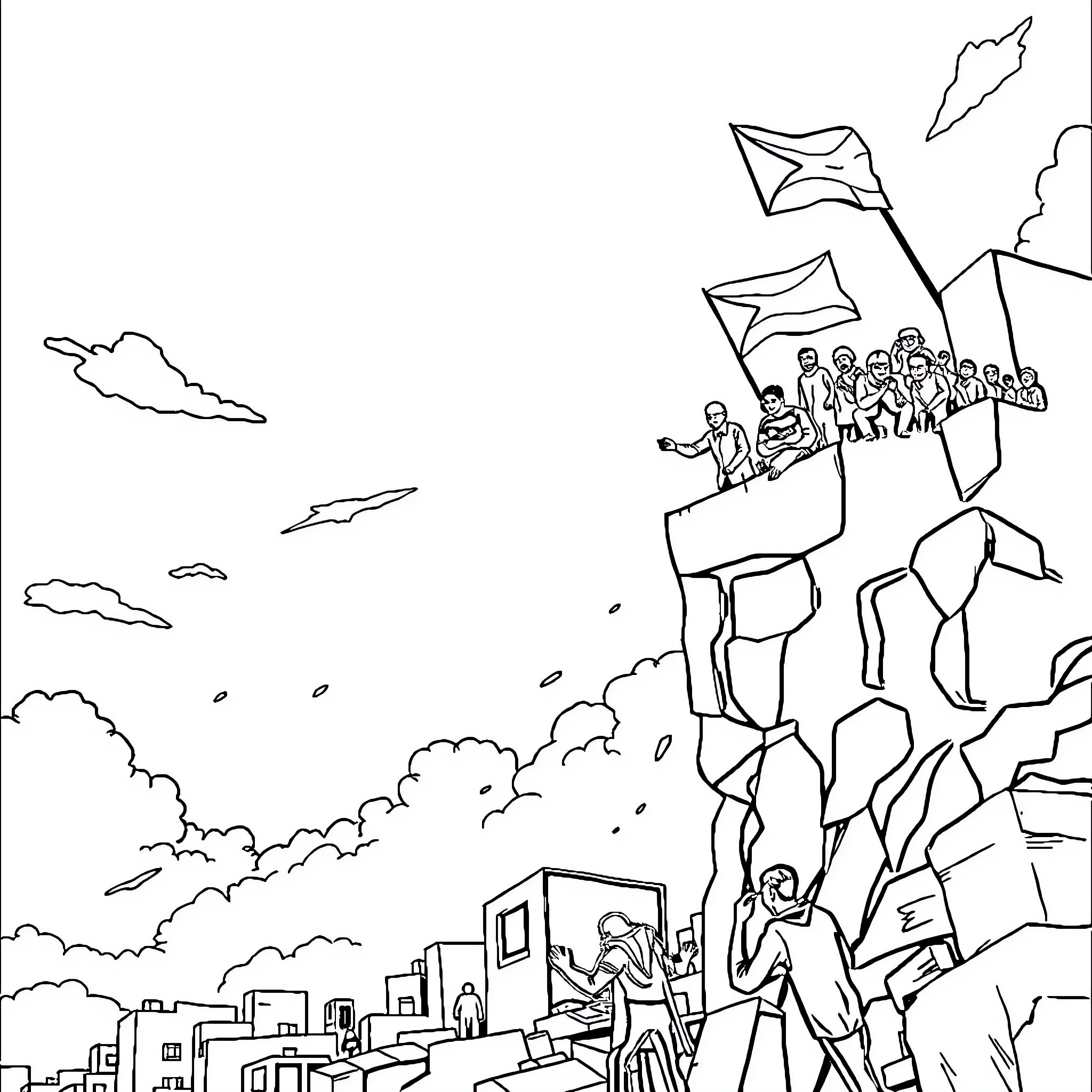 Superman leading a group of people up a cliff Coloring Page (free black-and-white line drawing printable PDF for all, from beginners to advanced learners, including children, teens, adults, and seniors)