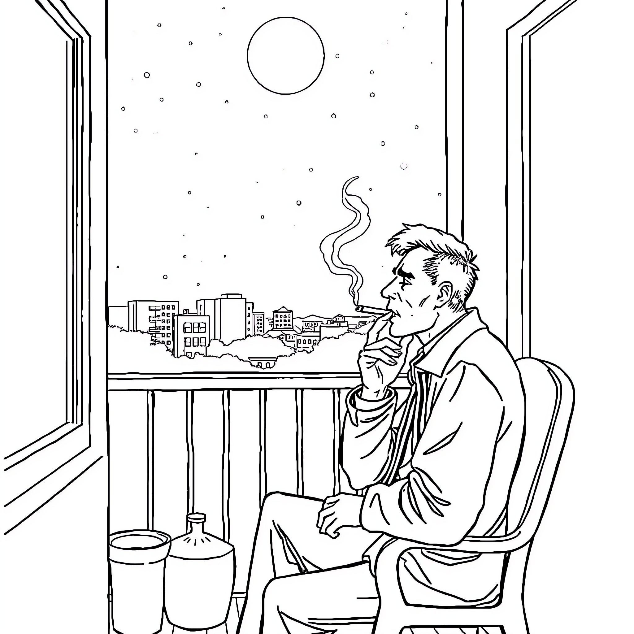 Man contemplating the night view from his balcony Coloring Page (free black-and-white line drawing printable PDF for all, from beginners to advanced learners, including children, teens, adults, and seniors)