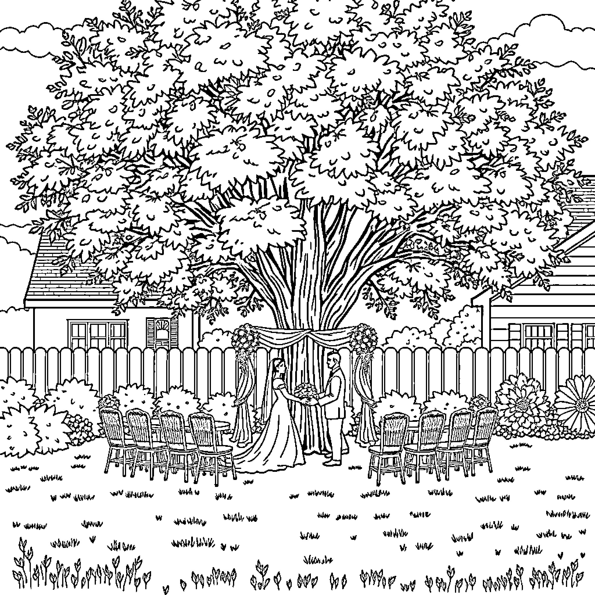 Wedding Ceremony under a Blossoming Tree Coloring Page (free black-and-white line drawing printable PDF for all, from beginners to advanced learners, including children, teens, adults, and seniors)