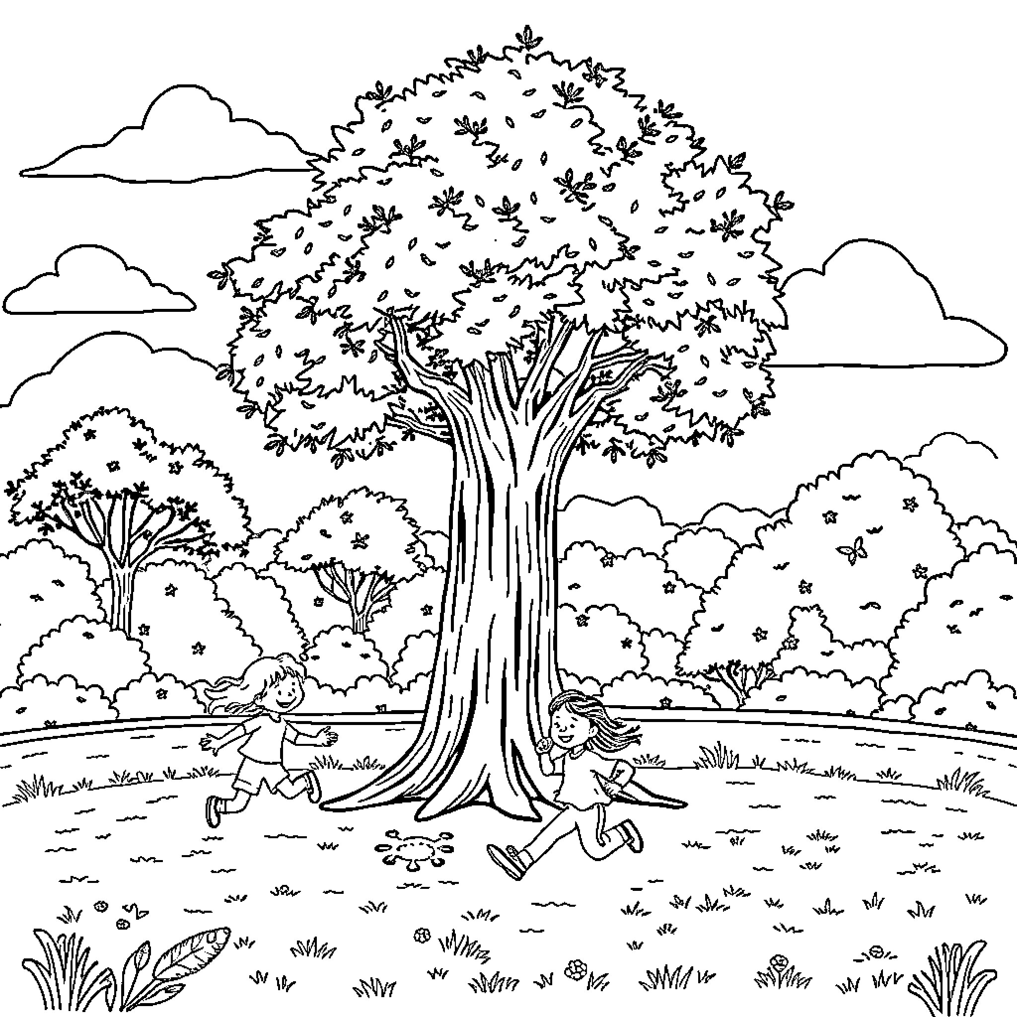 Kid exploring the enchanted forest Coloring Page (free black-and-white line drawing printable PDF for all, from beginners to advanced learners, including children, teens, adults, and seniors)