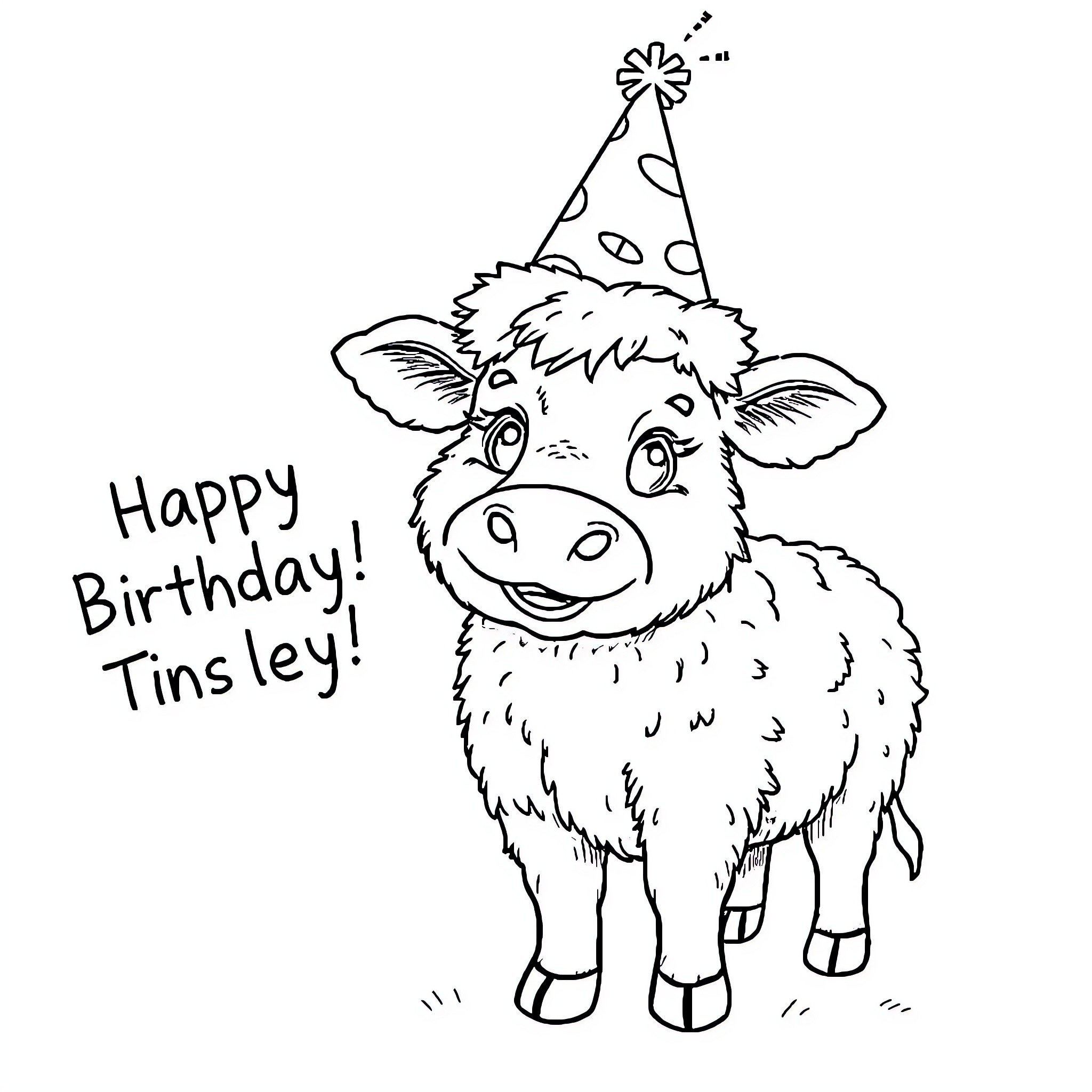 Cow wearing party hat and celebrating birthday Coloring Page (free black-and-white line drawing printable PDF for all, from beginners to advanced learners, including children, teens, adults, and seniors)