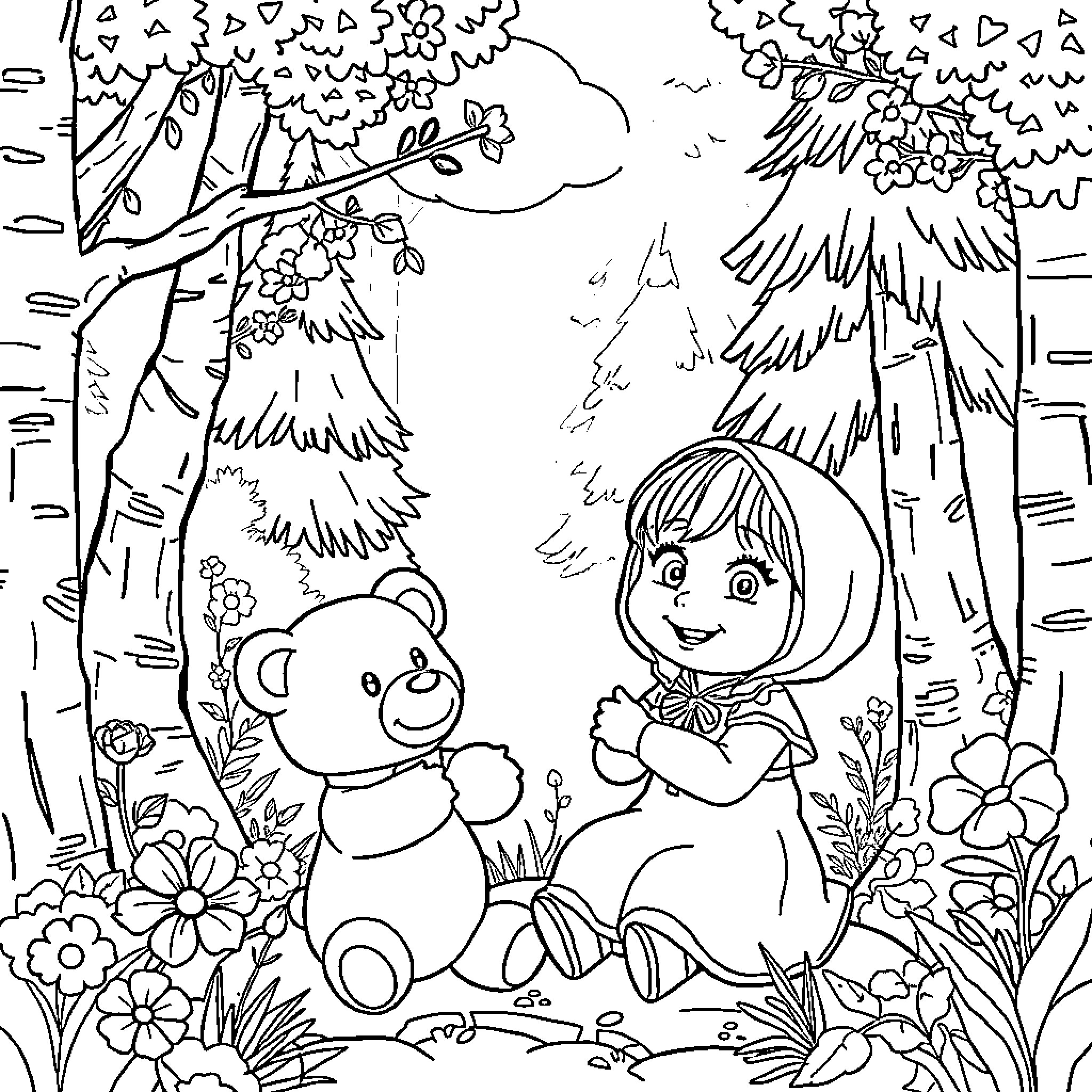 Masha and her teddy bear in the forest Coloring Page (free black-and-white line drawing printable PDF for all, from beginners to advanced learners, including children, teens, adults, and seniors)