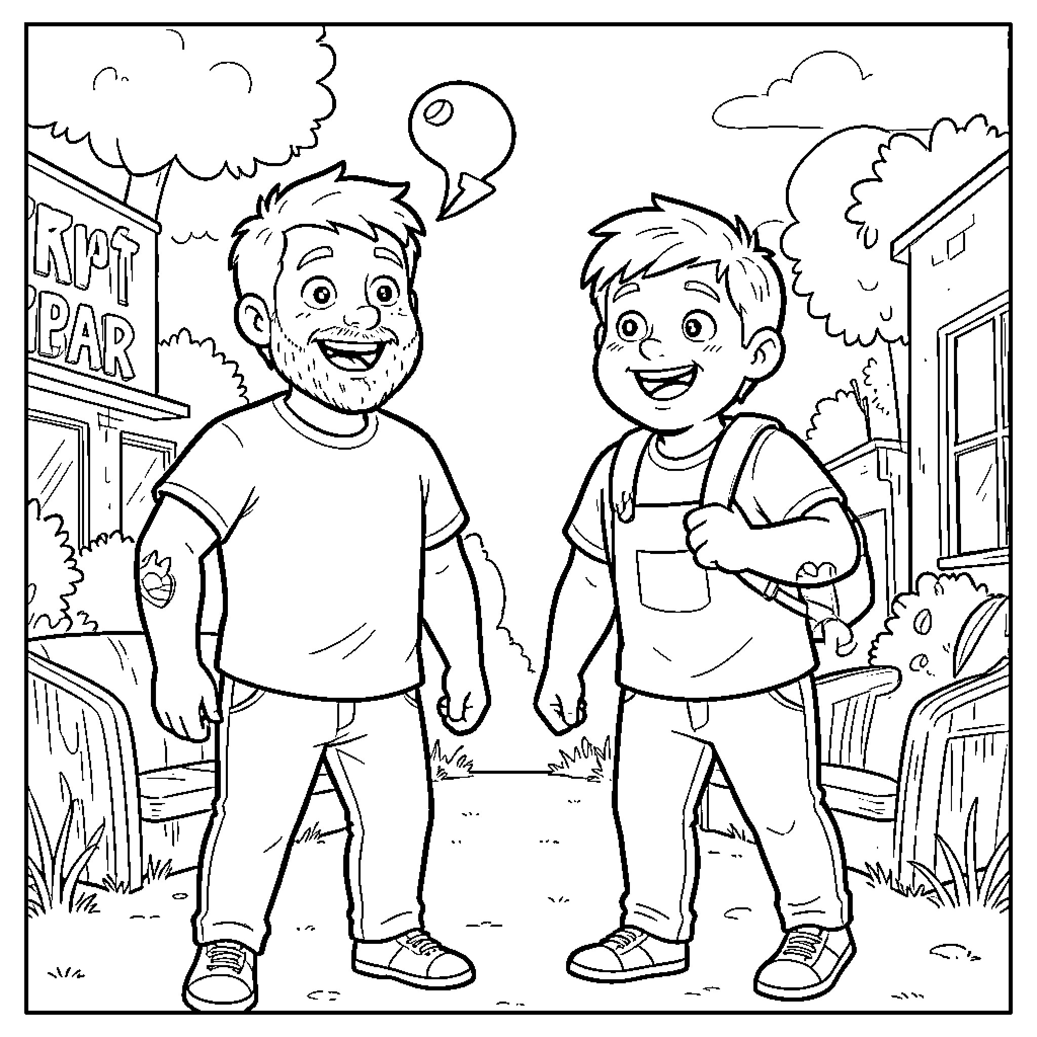 Kenan and Kell talking happily on a street Coloring Page (free black-and-white line drawing printable PDF for all, from beginners to advanced learners, including children, teens, adults, and seniors)