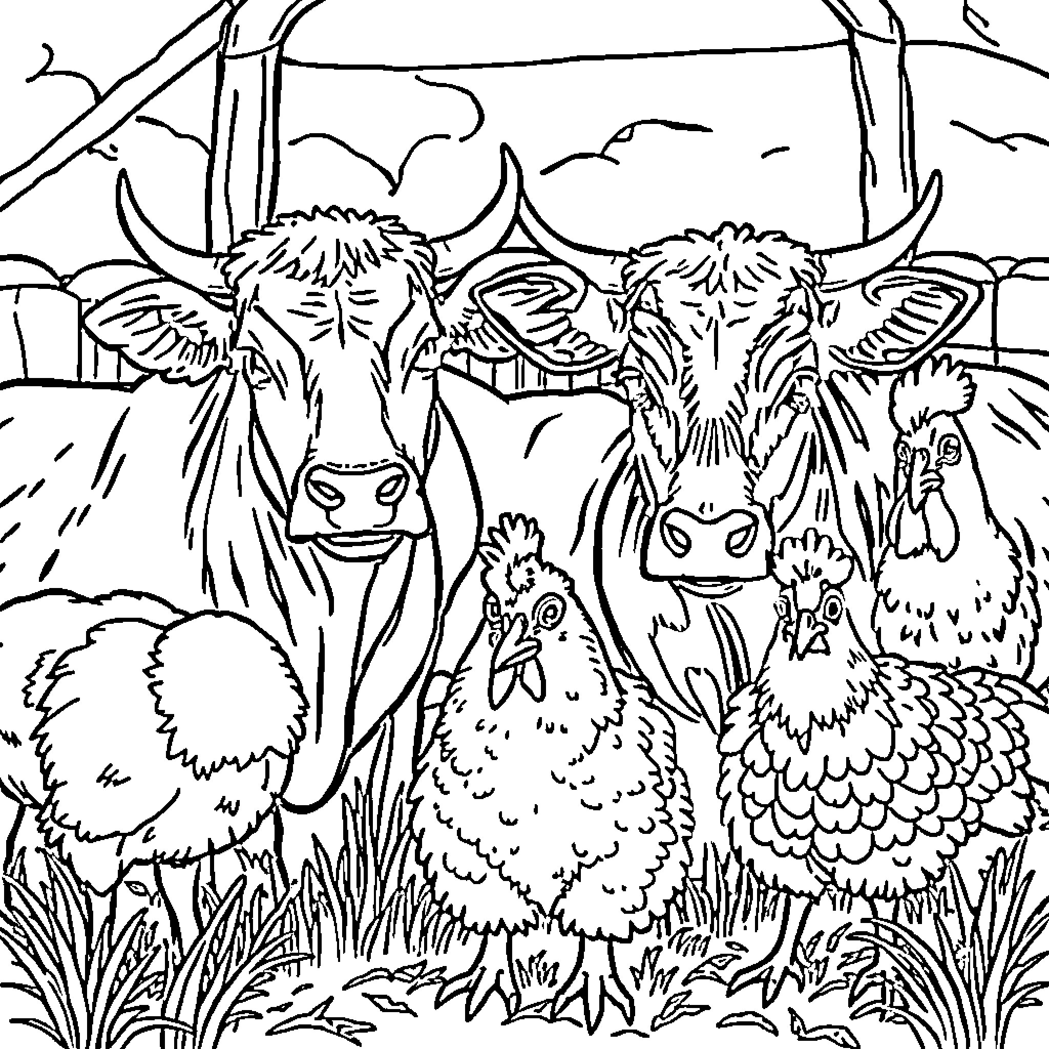Farm Animals in a Pastoral Scene Coloring Page (free black-and-white line drawing printable PDF for all, from beginners to advanced learners, including children, teens, adults, and seniors)