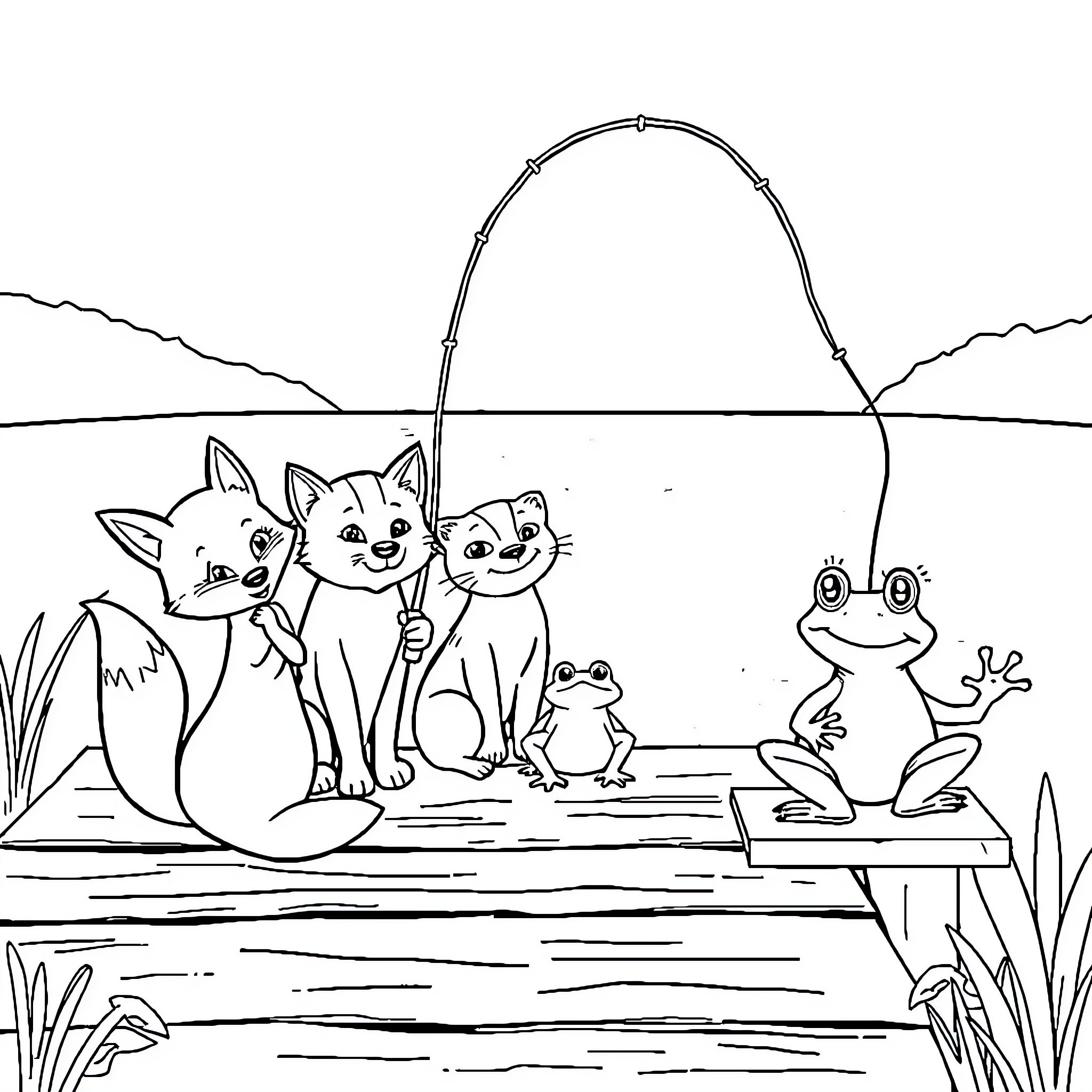 Fox friends fishing with frog in the wilderness Coloring Page (free black-and-white line drawing printable PDF for all, from beginners to advanced learners, including children, teens, adults, and seniors)