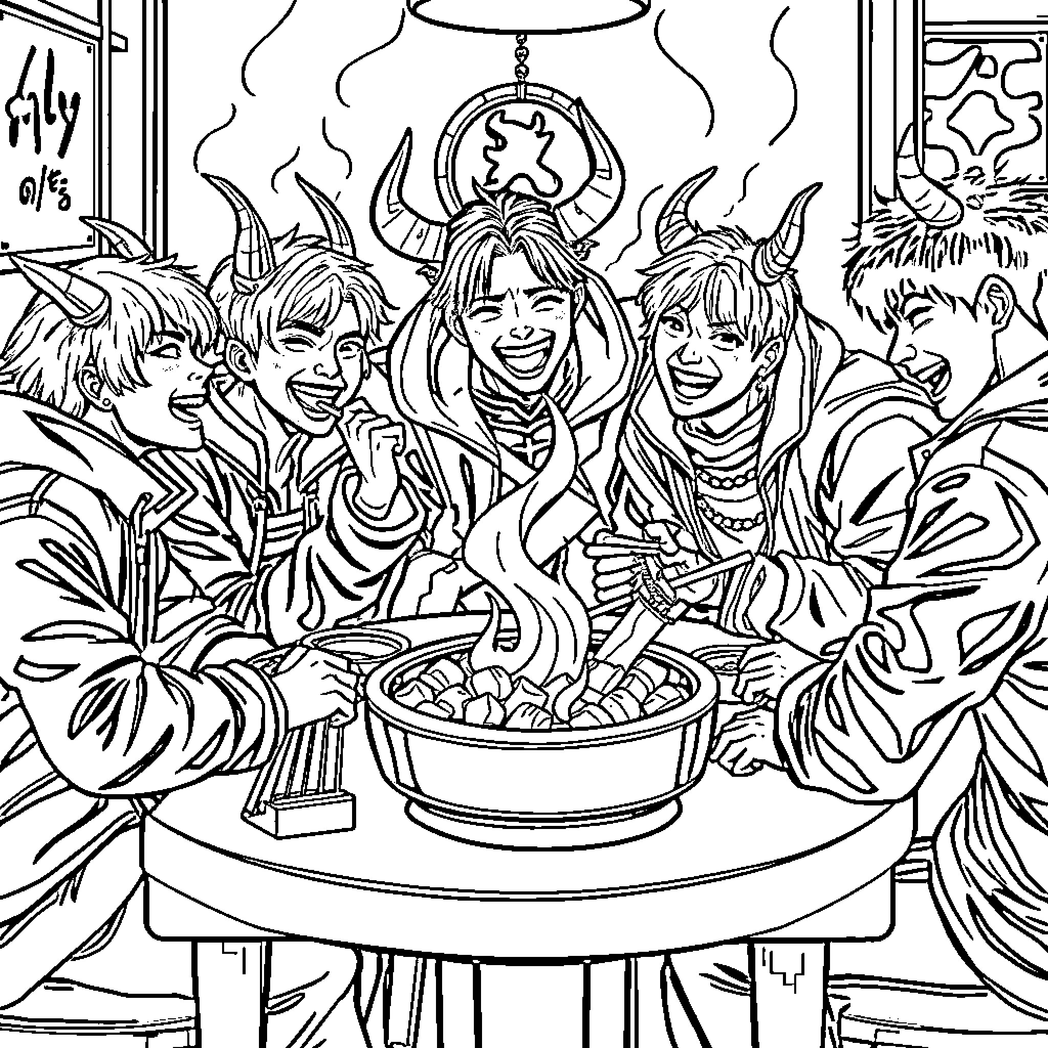Kpop Group Celebrating with Vibrant Expressions Coloring Page (free black-and-white line drawing printable PDF for all, from beginners to advanced learners, including children, teens, adults, and seniors)