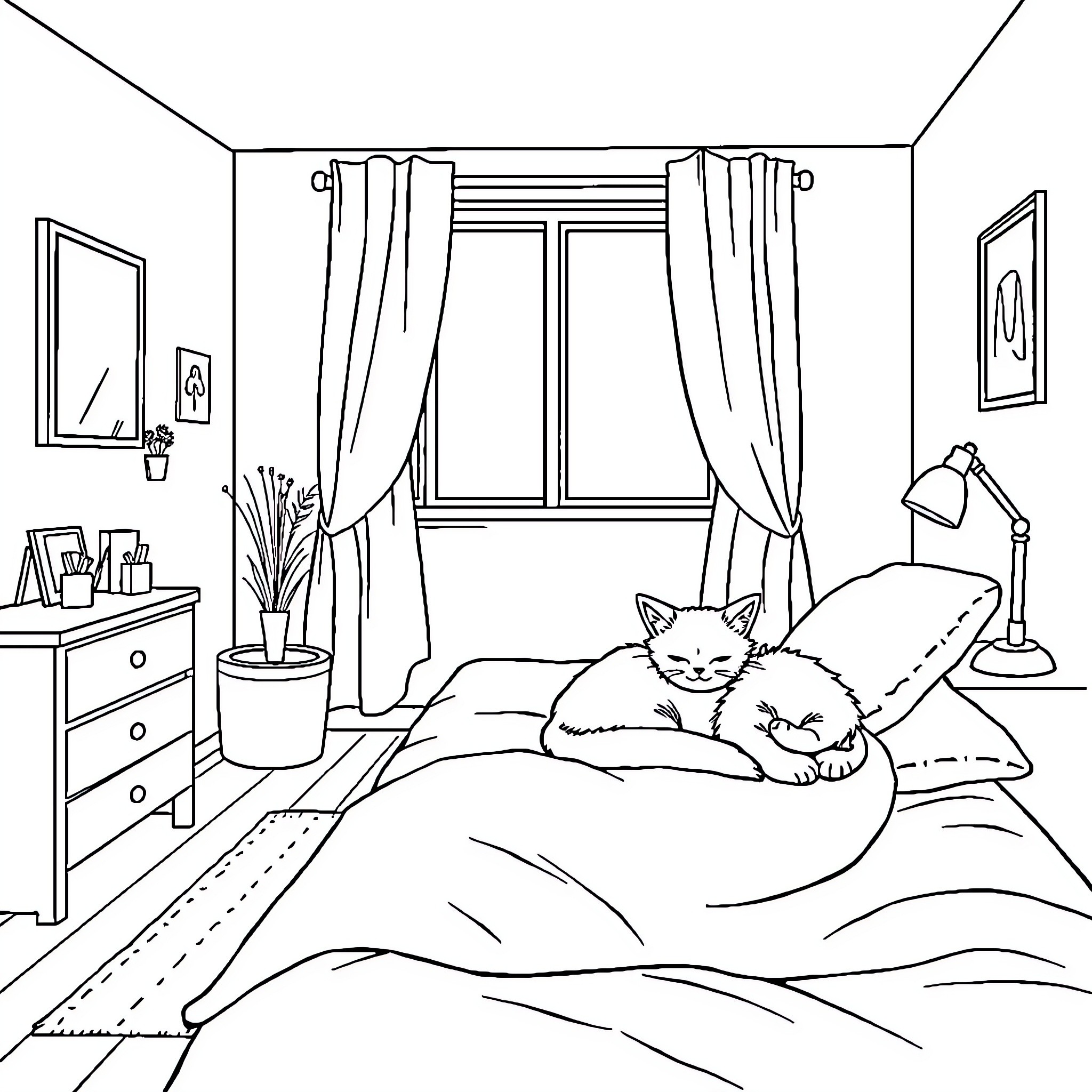 Cat relaxing cozily on bedroom bed Coloring Page (free black-and-white line drawing printable PDF for all, from beginners to advanced learners, including children, teens, adults, and seniors)