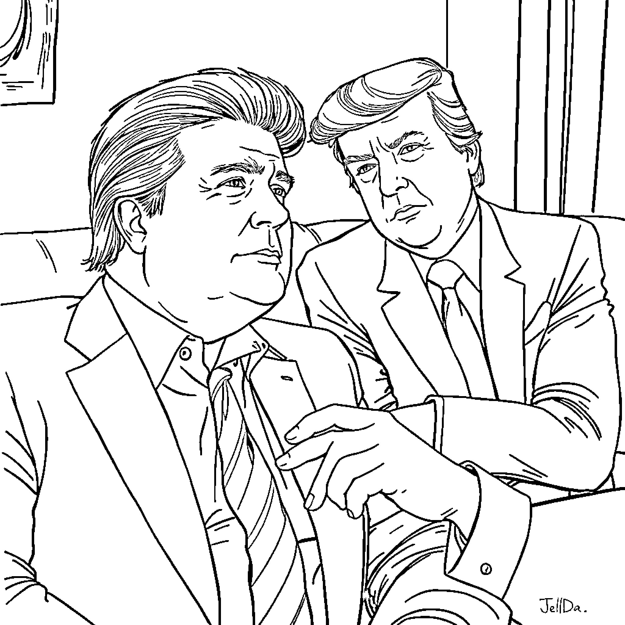 Jd Vance in Formal Discussion with Political Colleague Coloring Page (free black-and-white line drawing printable PDF for all, from beginners to advanced learners, including children, teens, adults, and seniors)