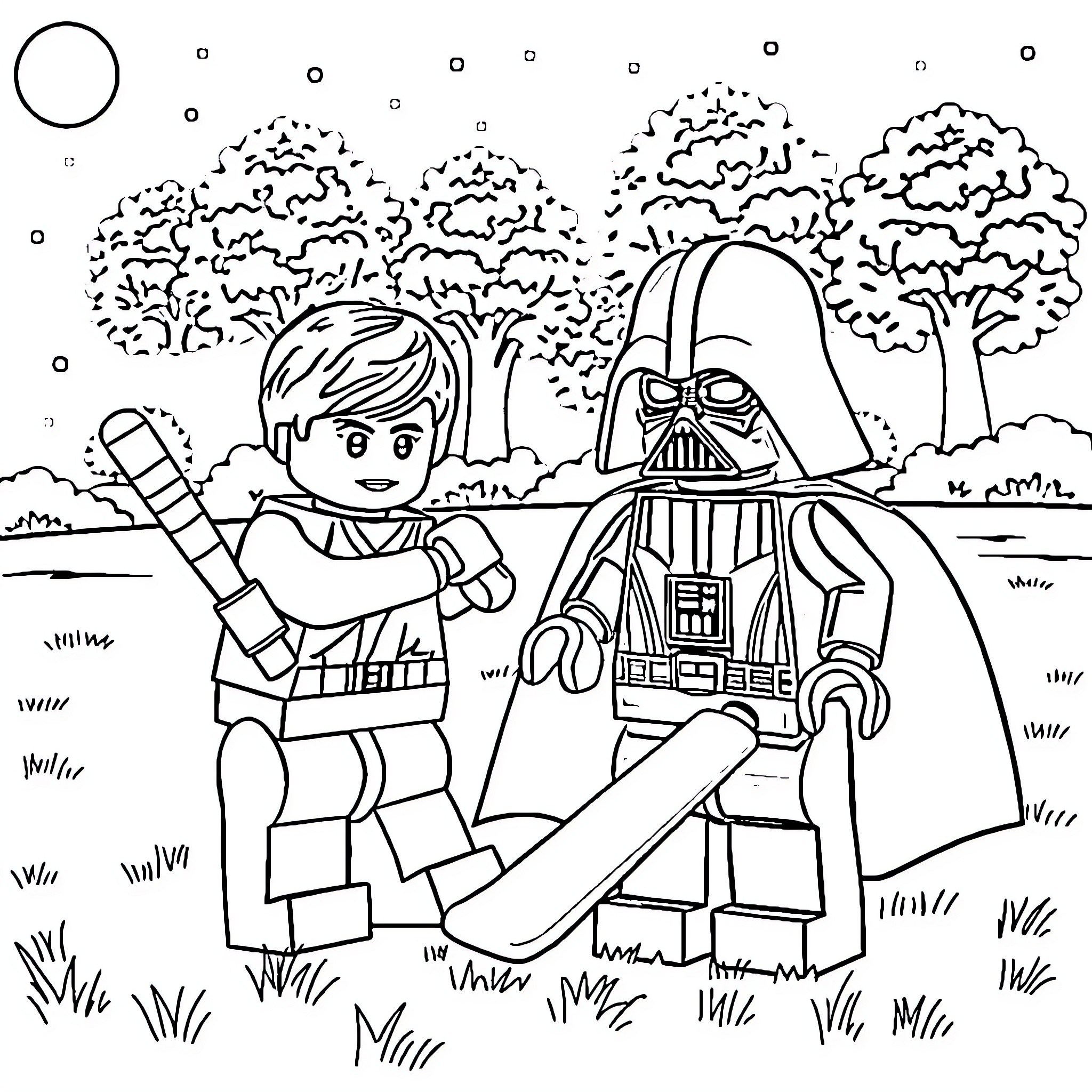 Lego Star Wars characters in a forest setting Coloring Page (free black-and-white line drawing printable PDF for all, from beginners to advanced learners, including children, teens, adults, and seniors)