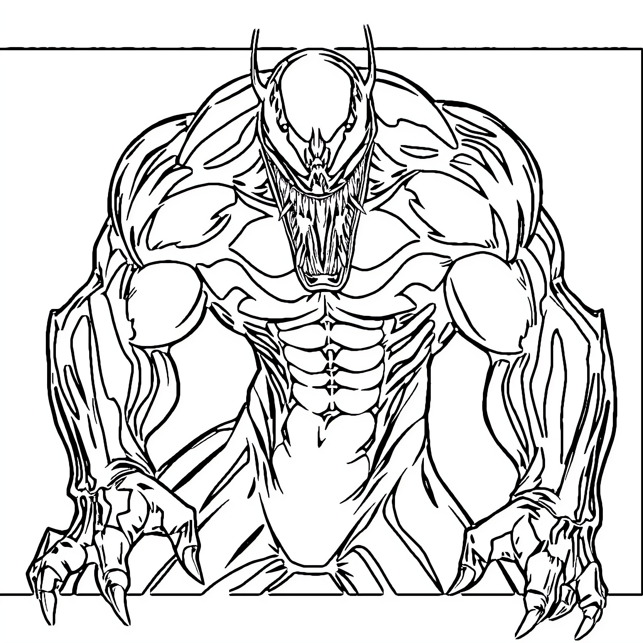 Venom Unleashed: An Imposing Superhero Encounter Coloring Page (free black-and-white line drawing printable PDF for all, from beginners to advanced learners, including children, teens, adults, and seniors)