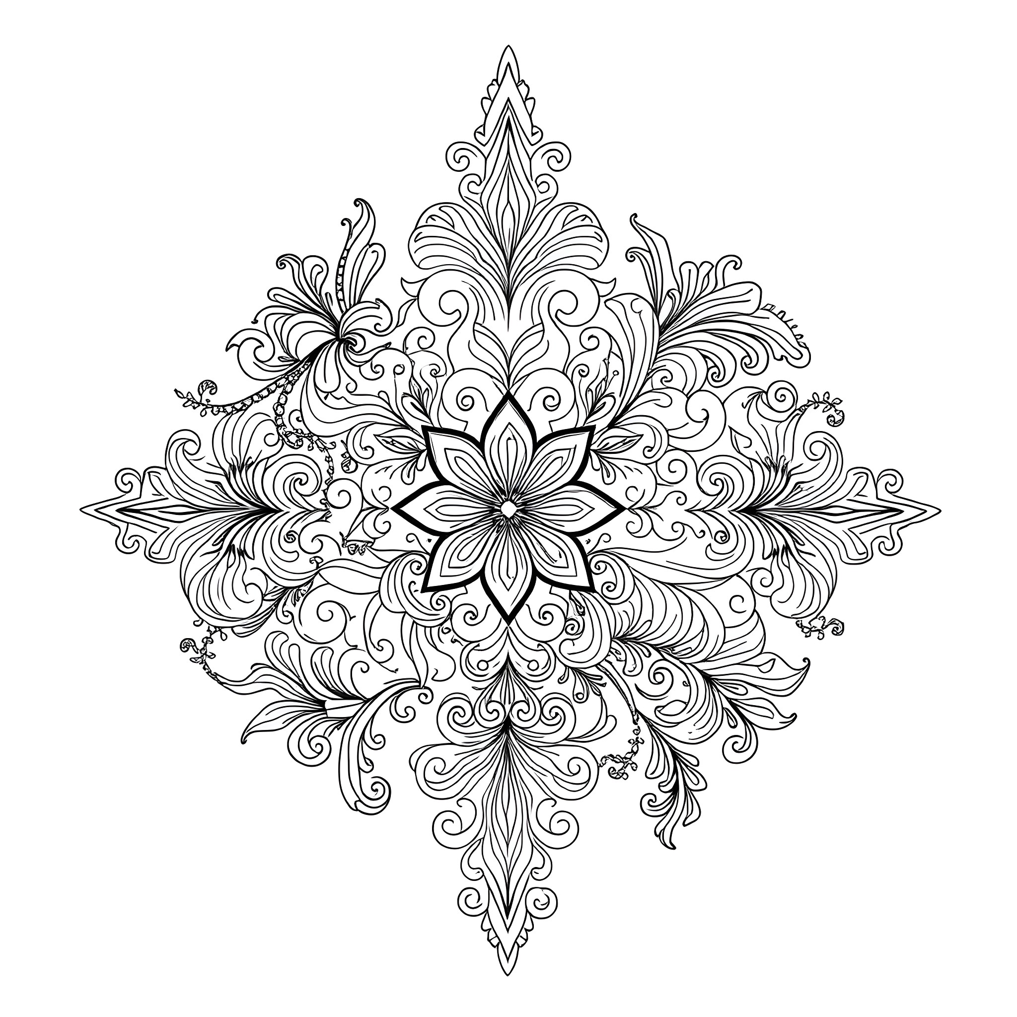 Pattern of floral and swirling designs Coloring Page (free black-and-white line drawing printable PDF for all, from beginners to advanced learners, including children, teens, adults, and seniors)