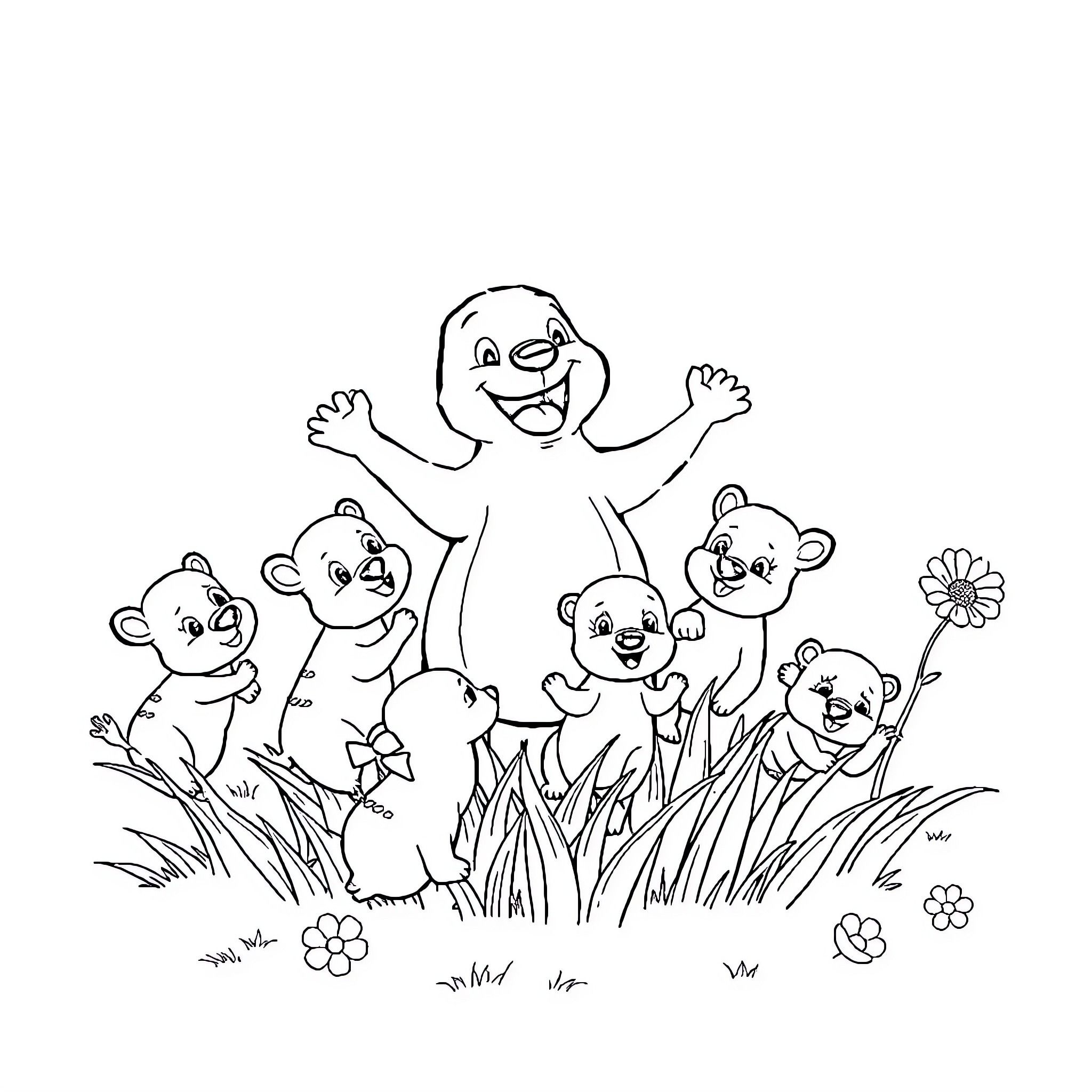 Bulldog enjoying playtime with cute bear friends Coloring Page (free black-and-white line drawing printable PDF for all, from beginners to advanced learners, including children, teens, adults, and seniors)
