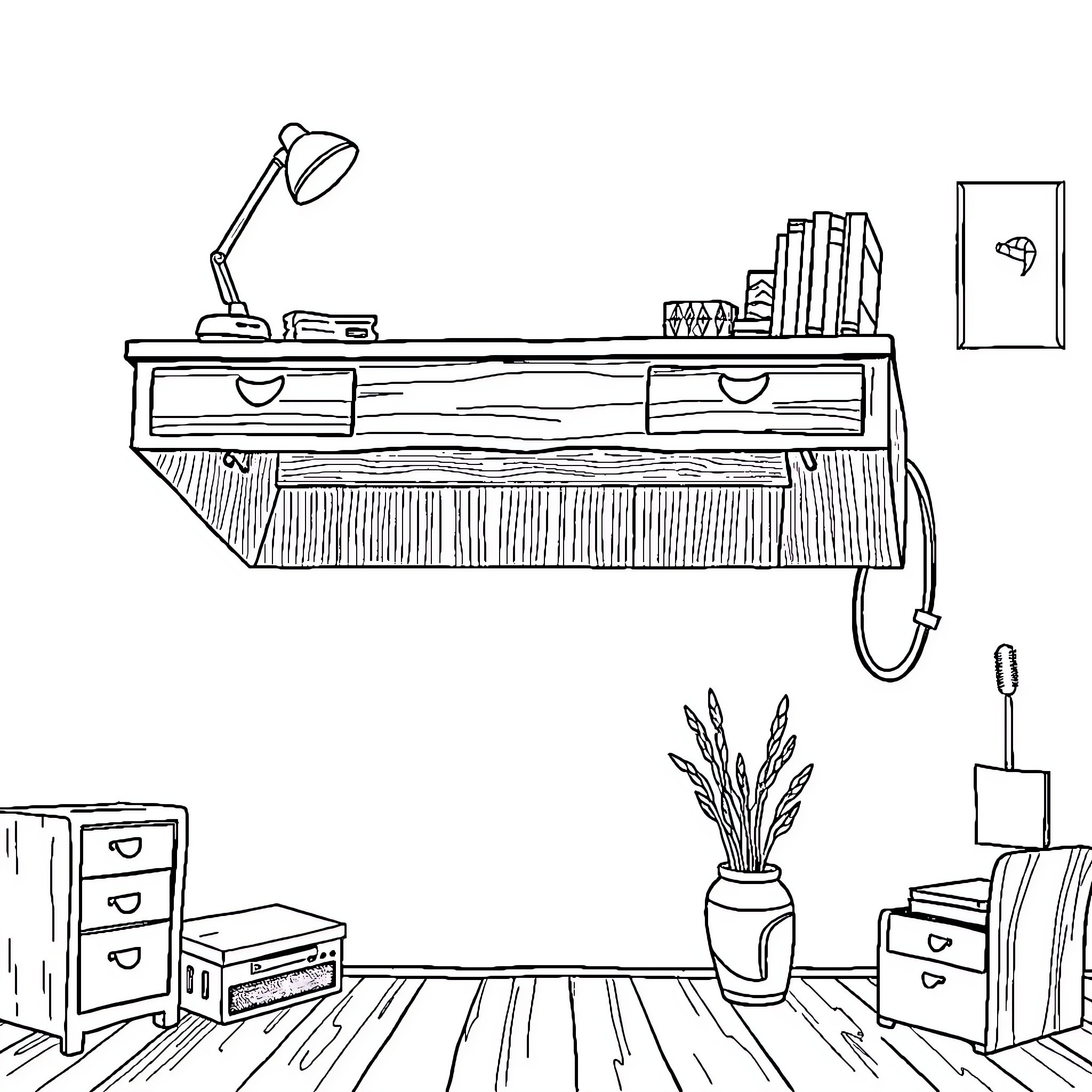 Flying Desk Workspace with Books and Decor Coloring Page (free black-and-white line drawing printable PDF for all, from beginners to advanced learners, including children, teens, adults, and seniors)