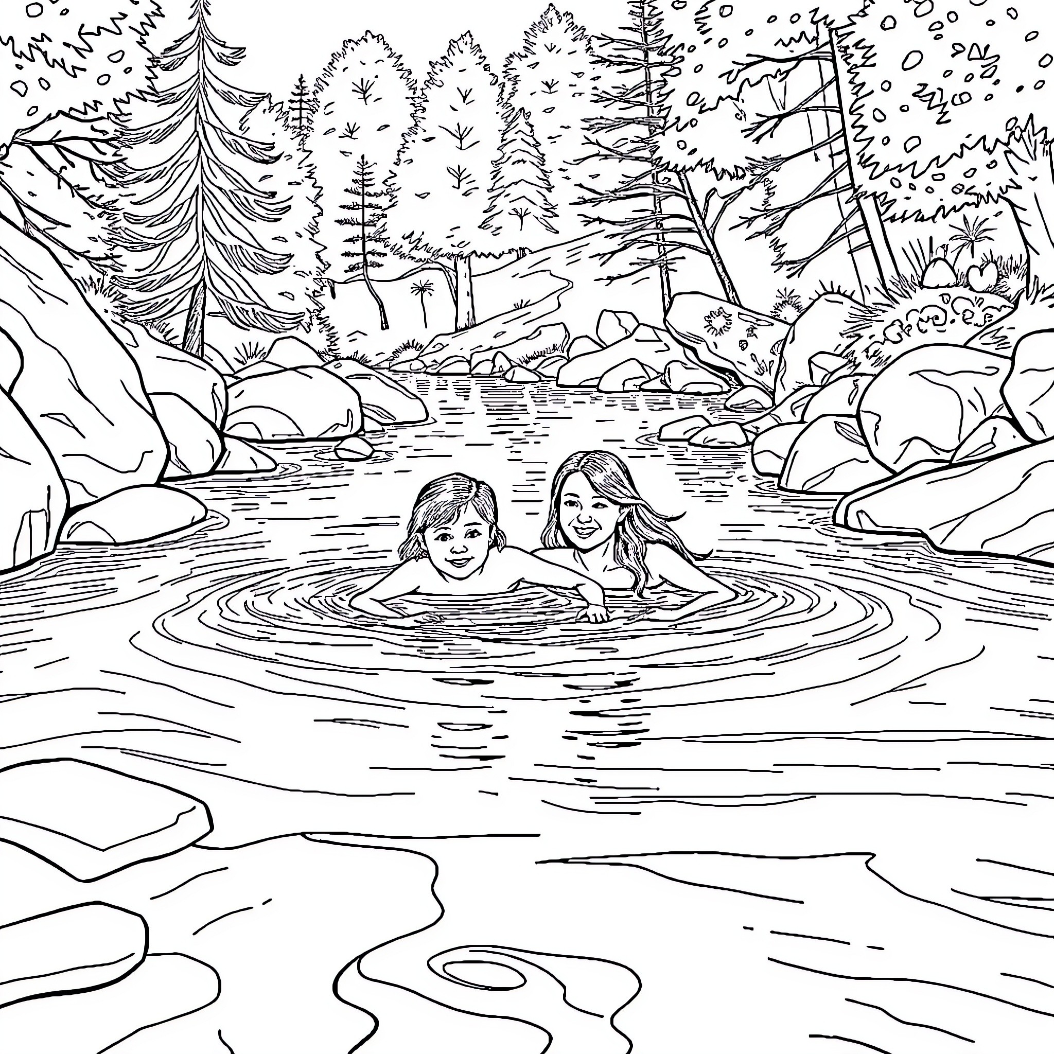 Family swimming in serene forest pond Coloring Page (free black-and-white line drawing printable PDF for all, from beginners to advanced learners, including children, teens, adults, and seniors)