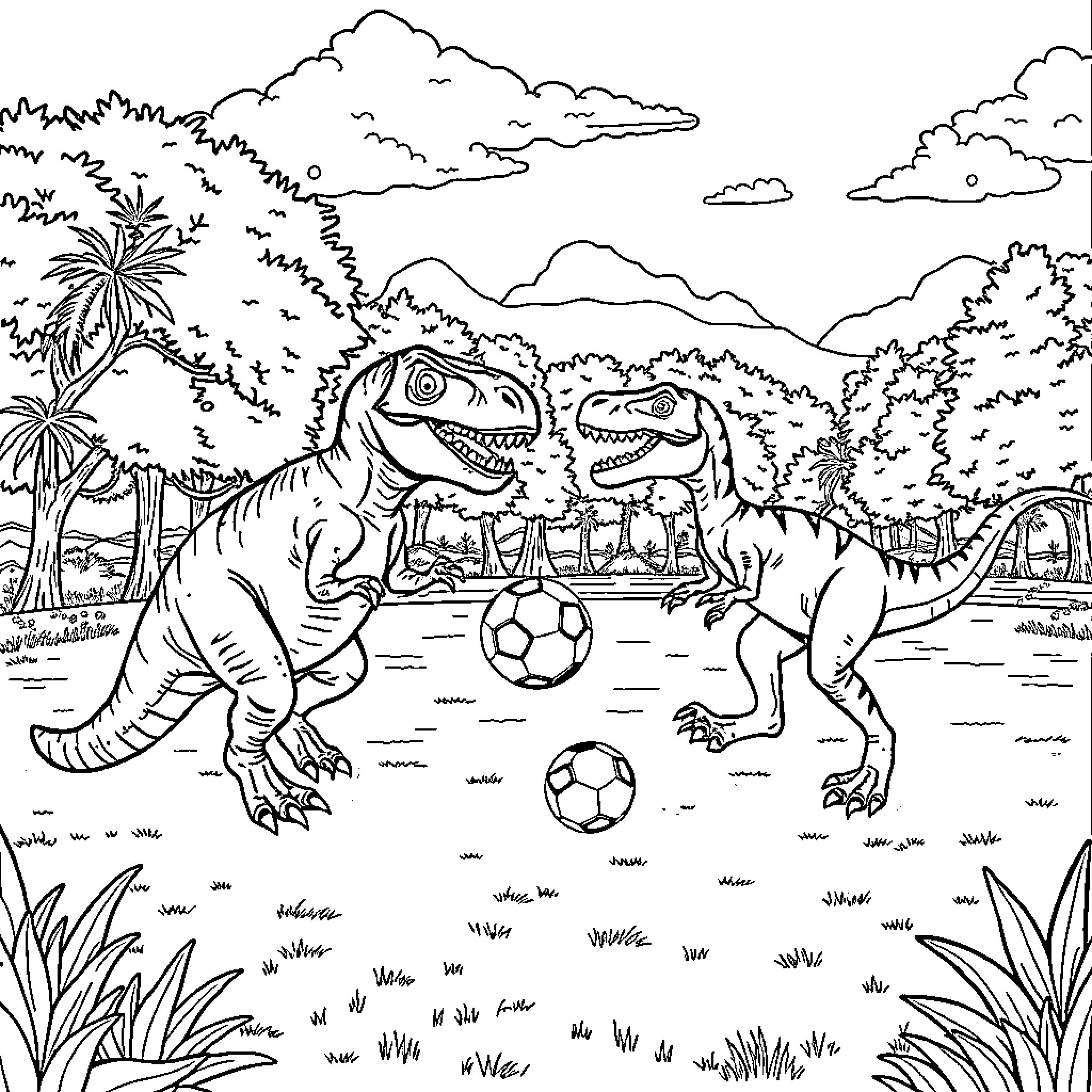 Dinosaurs playing soccer in tropical landscape Coloring Page (free black-and-white line drawing printable PDF for all, from beginners to advanced learners, including children, teens, adults, and seniors)