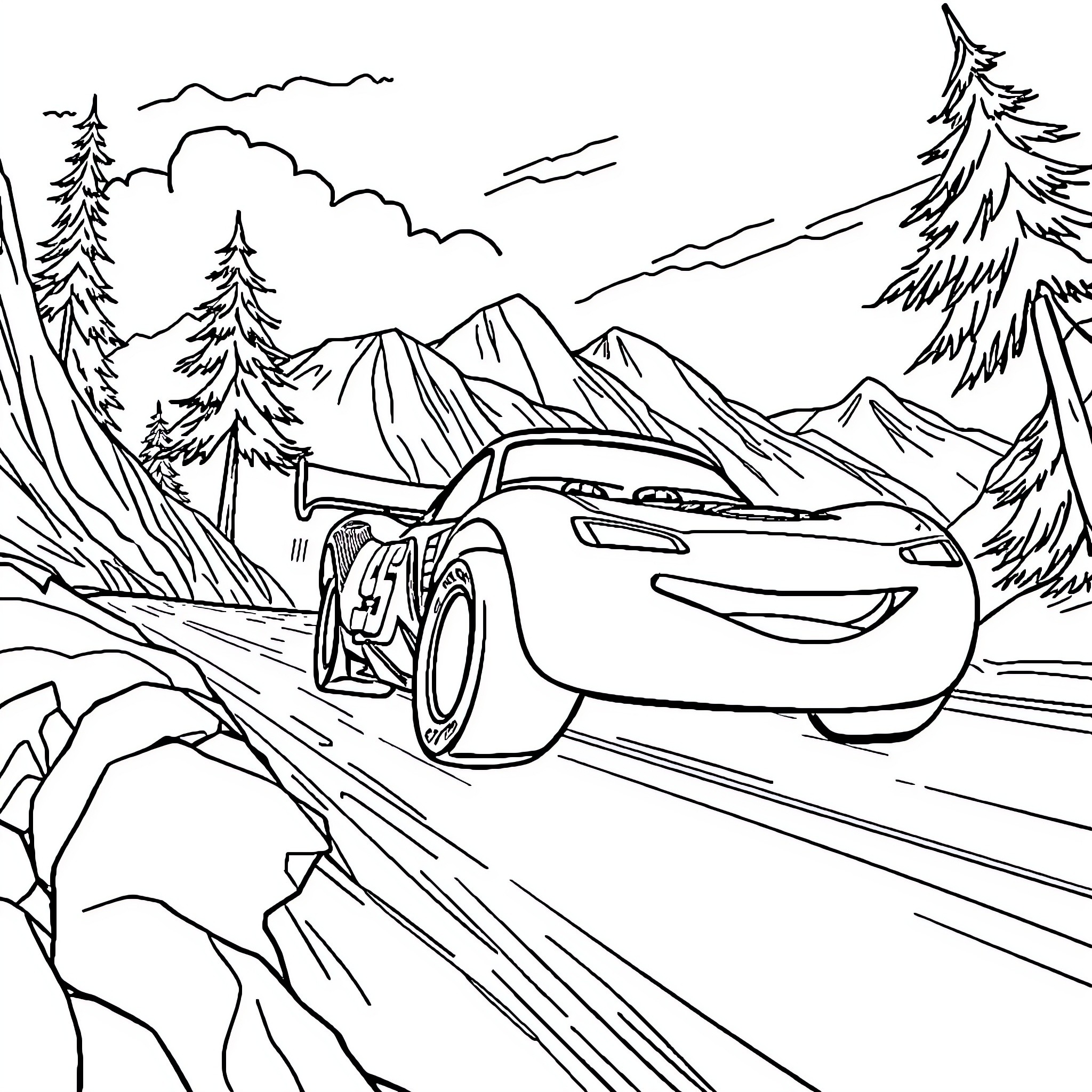 Lightning McQueen racing through the mountains Coloring Page (free black-and-white line drawing printable PDF for all, from beginners to advanced learners, including children, teens, adults, and seniors)