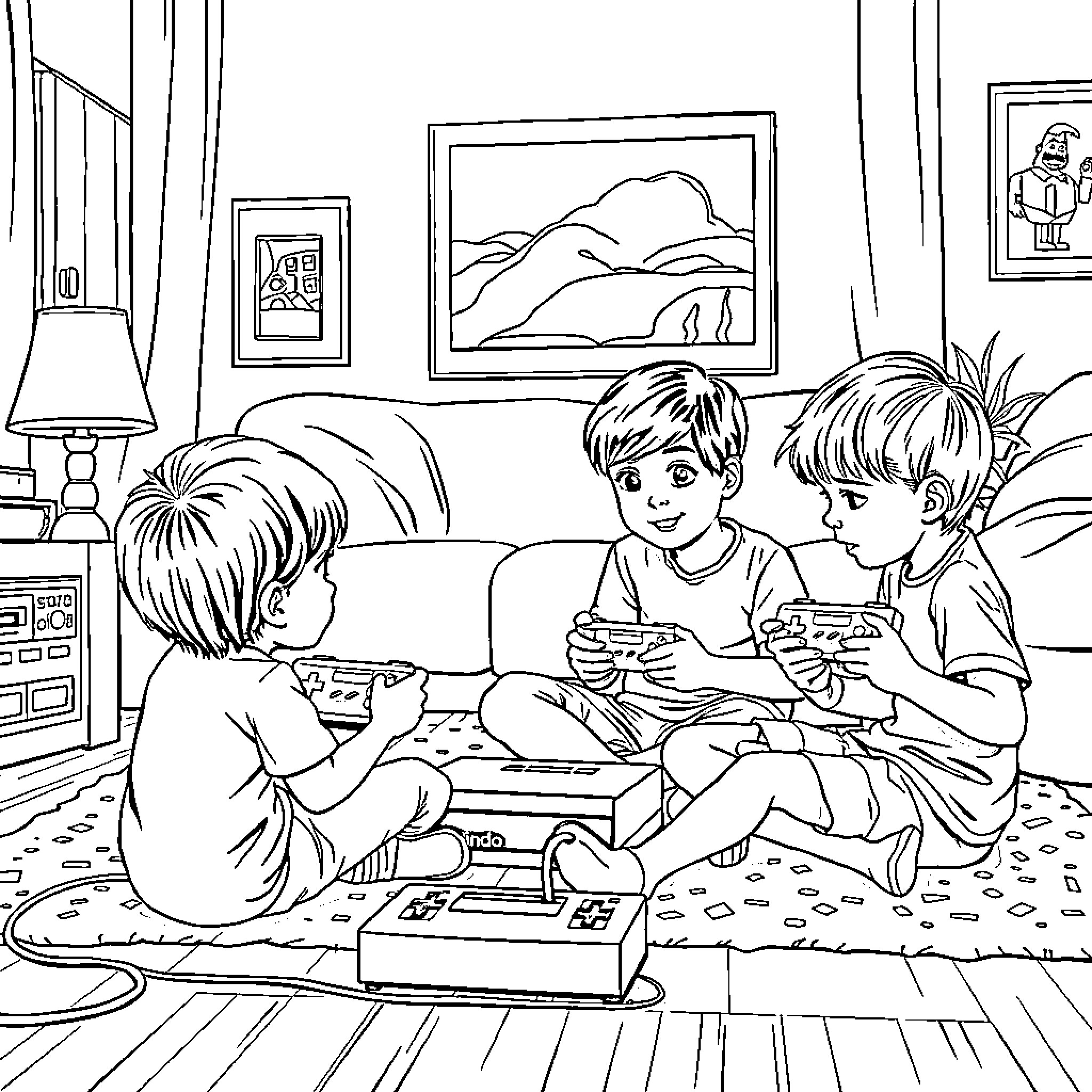 Nintendo Kids Playing Video Games at Home Coloring Page (free black-and-white line drawing printable PDF for all, from beginners to advanced learners, including children, teens, adults, and seniors)
