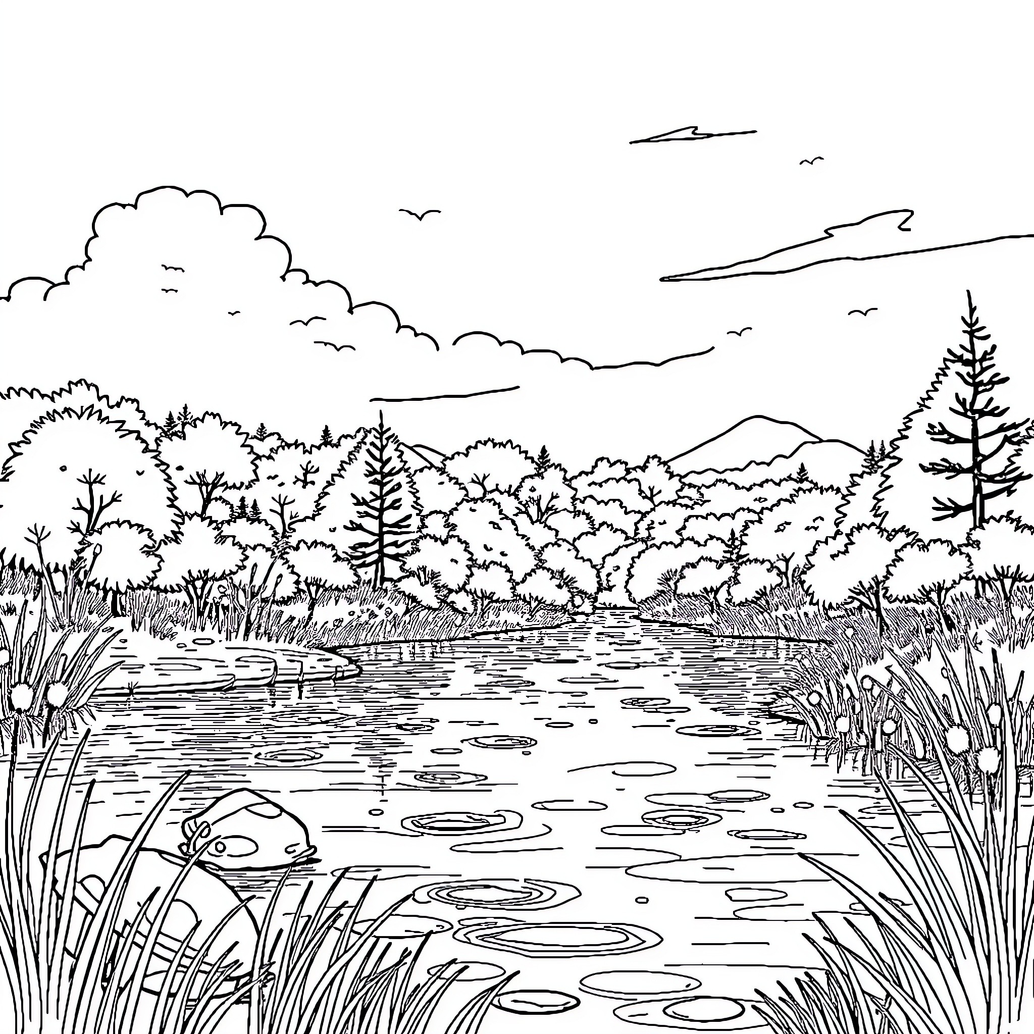 Basse Court: Picturesque Woodland Landscape with Pond Coloring Page (free black-and-white line drawing printable PDF for all, from beginners to advanced learners, including children, teens, adults, and seniors)