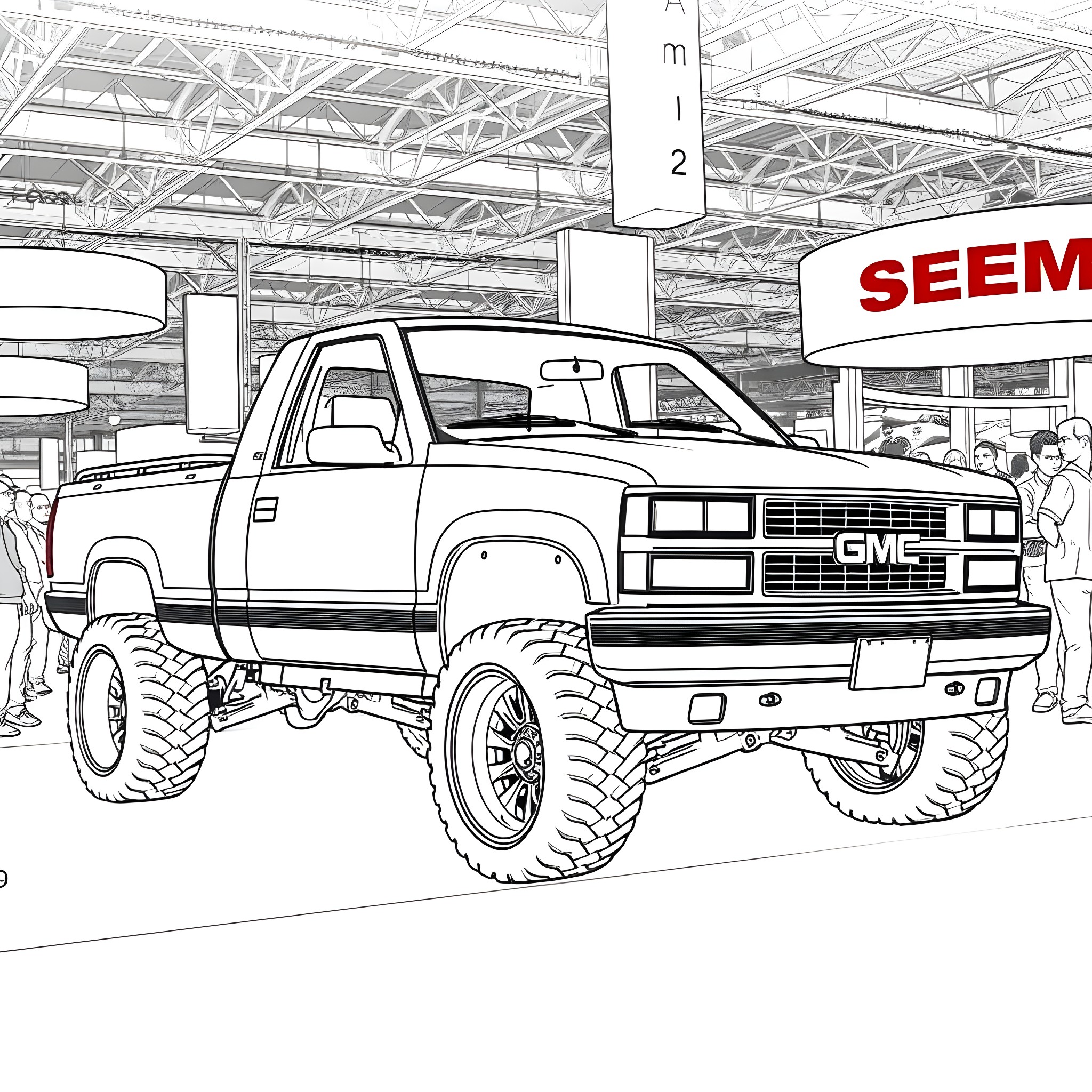 GM Truck Showcased at Automobile Showroom Coloring Page (free black-and-white line drawing printable PDF for all, from beginners to advanced learners, including children, teens, adults, and seniors)