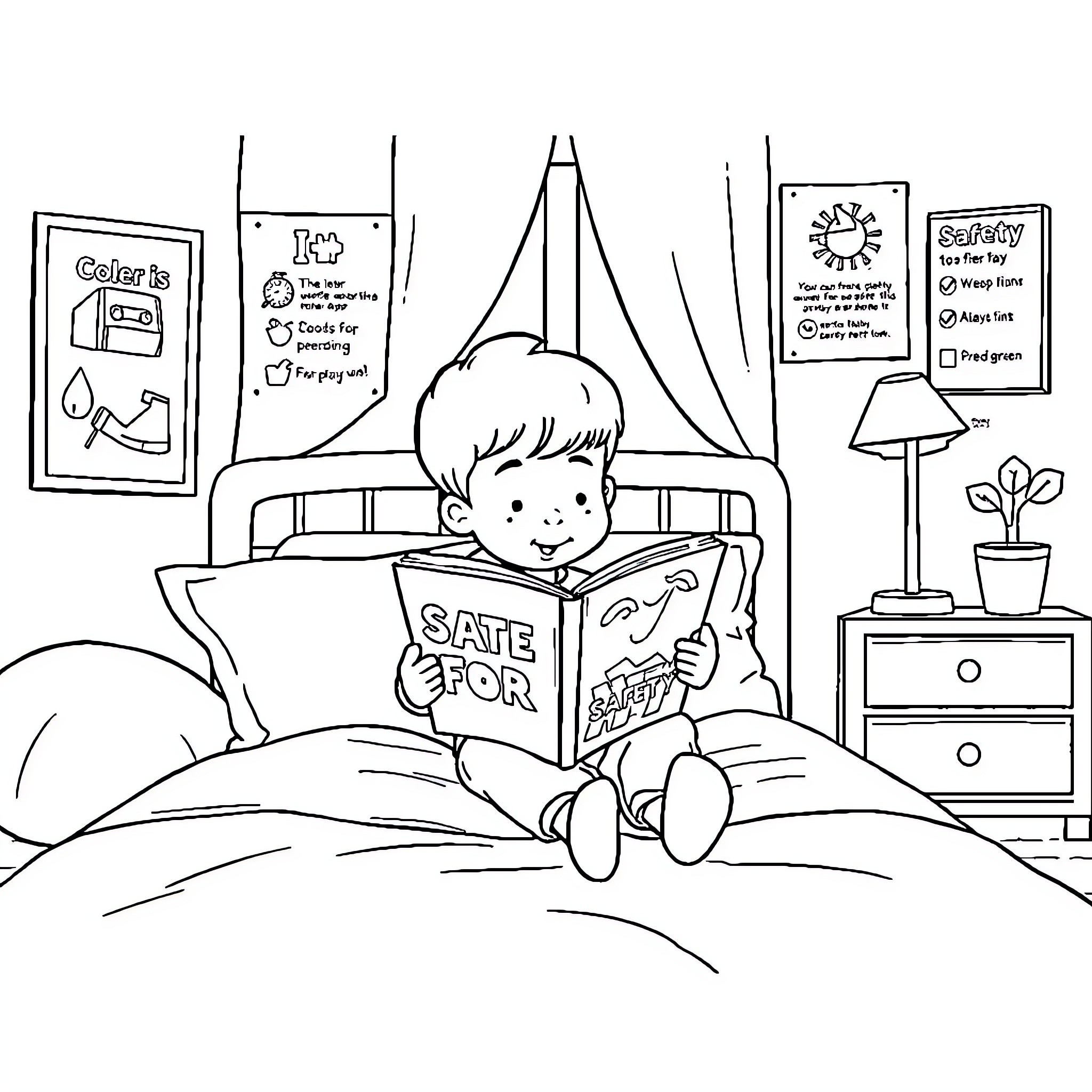 Child reading a book on the bed Coloring Page (free black-and-white line drawing printable PDF for all, from beginners to advanced learners, including children, teens, adults, and seniors)