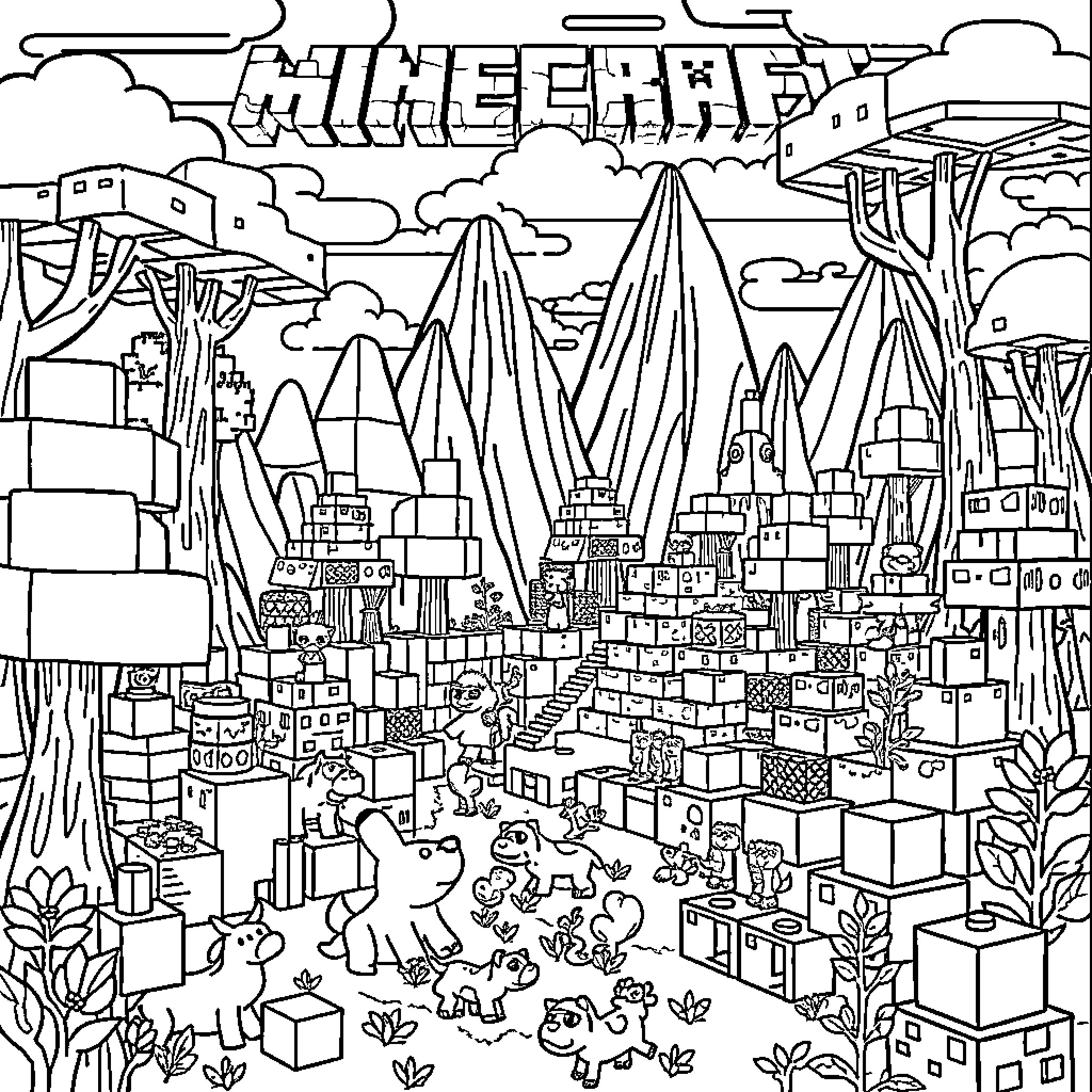 Minecraft Creatures and Structures in Detailed Landscape Coloring Page (free black-and-white line drawing printable PDF for all, from beginners to advanced learners, including children, teens, adults, and seniors)