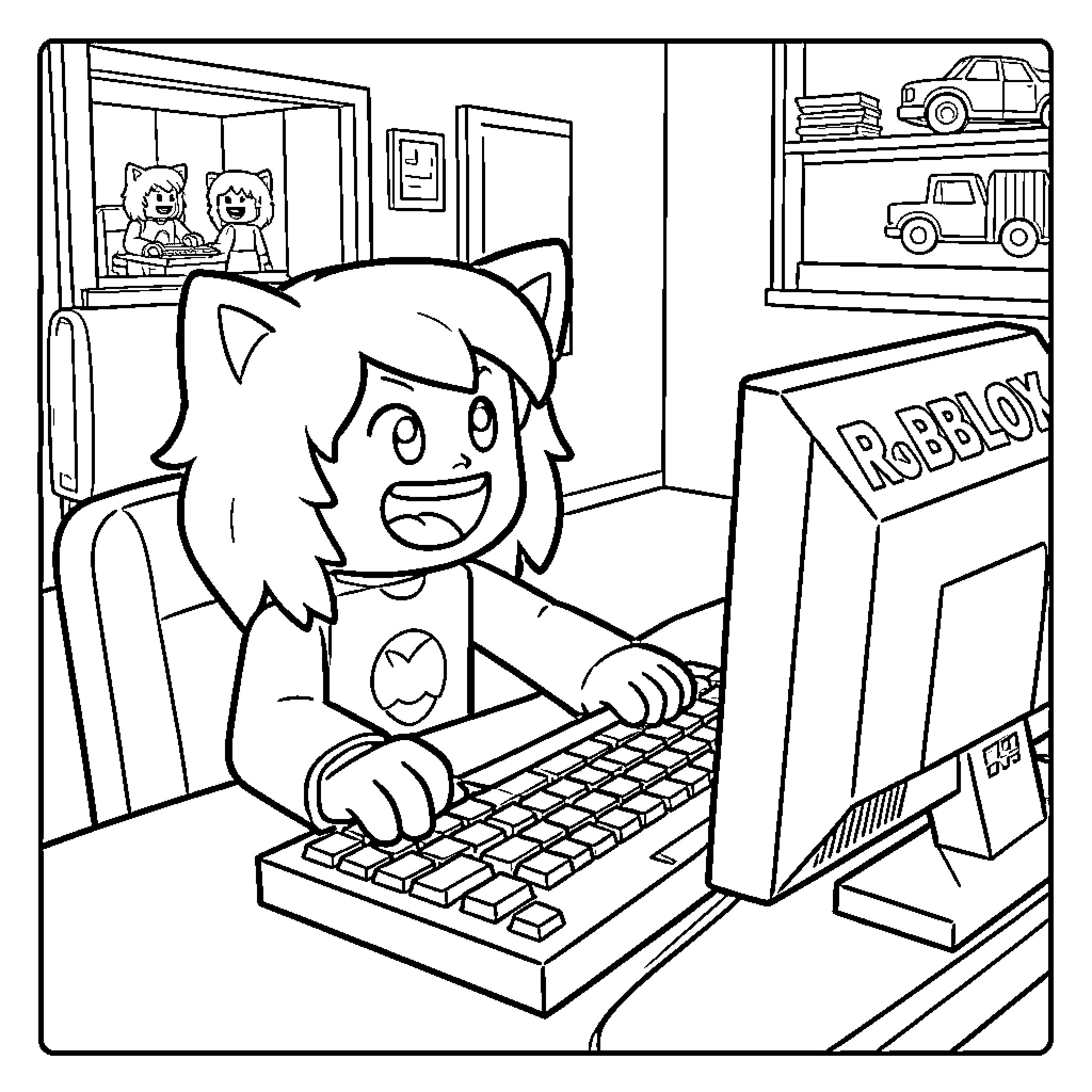 Pomni happily playing games on a computer Coloring Page (free black-and-white line drawing printable PDF for all, from beginners to advanced learners, including children, teens, adults, and seniors)