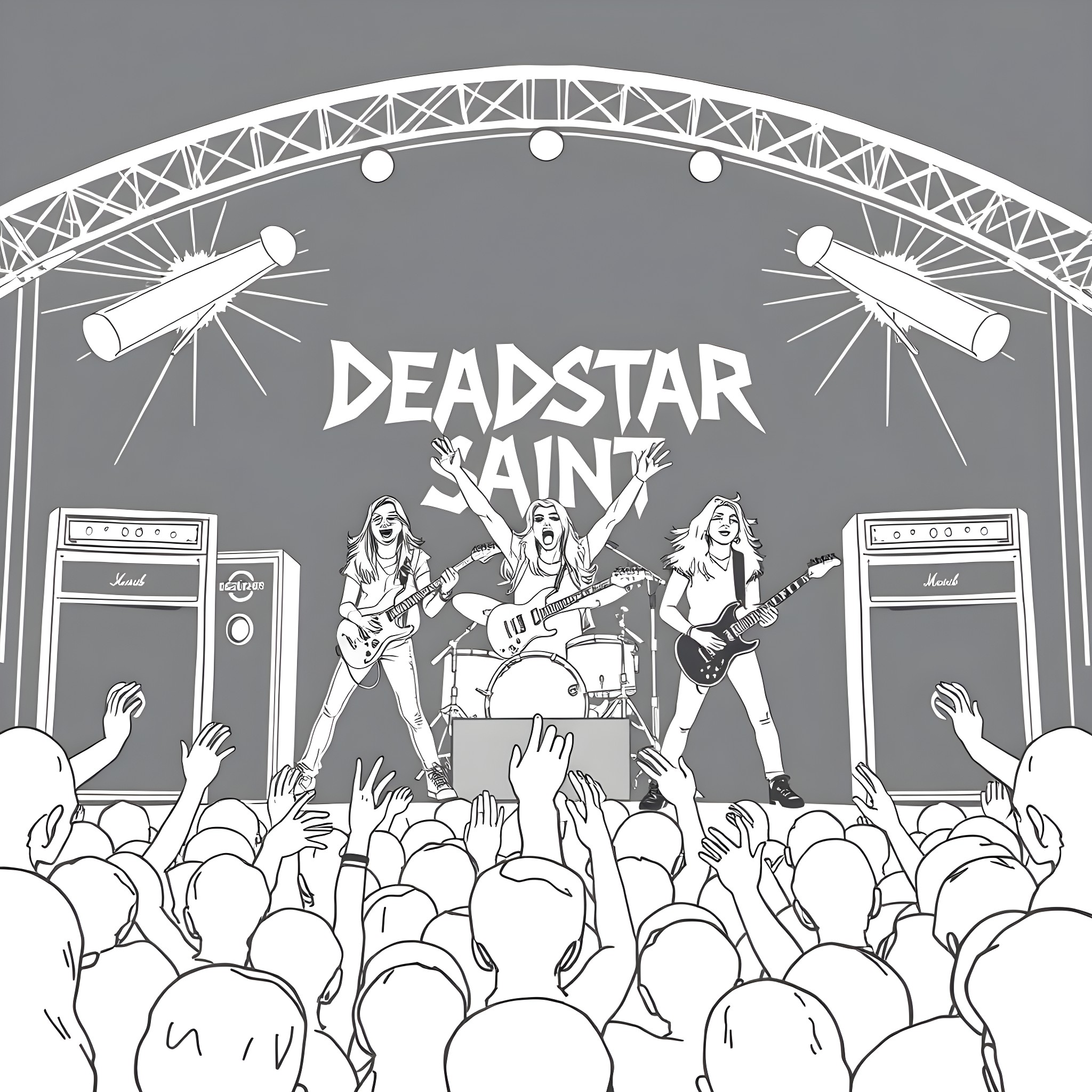 Band performing energetically on stage for cheering crowd Coloring Page (free black-and-white line drawing printable PDF for all, from beginners to advanced learners, including children, teens, adults, and seniors)