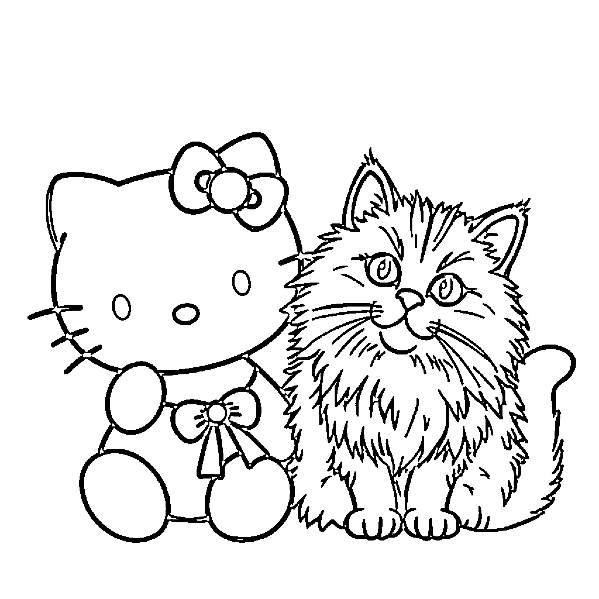 Hello Kitty and Fluffy Kitten Playtime Coloring Page (free black-and-white line drawing printable PDF for all, from beginners to advanced learners, including children, teens, adults, and seniors)