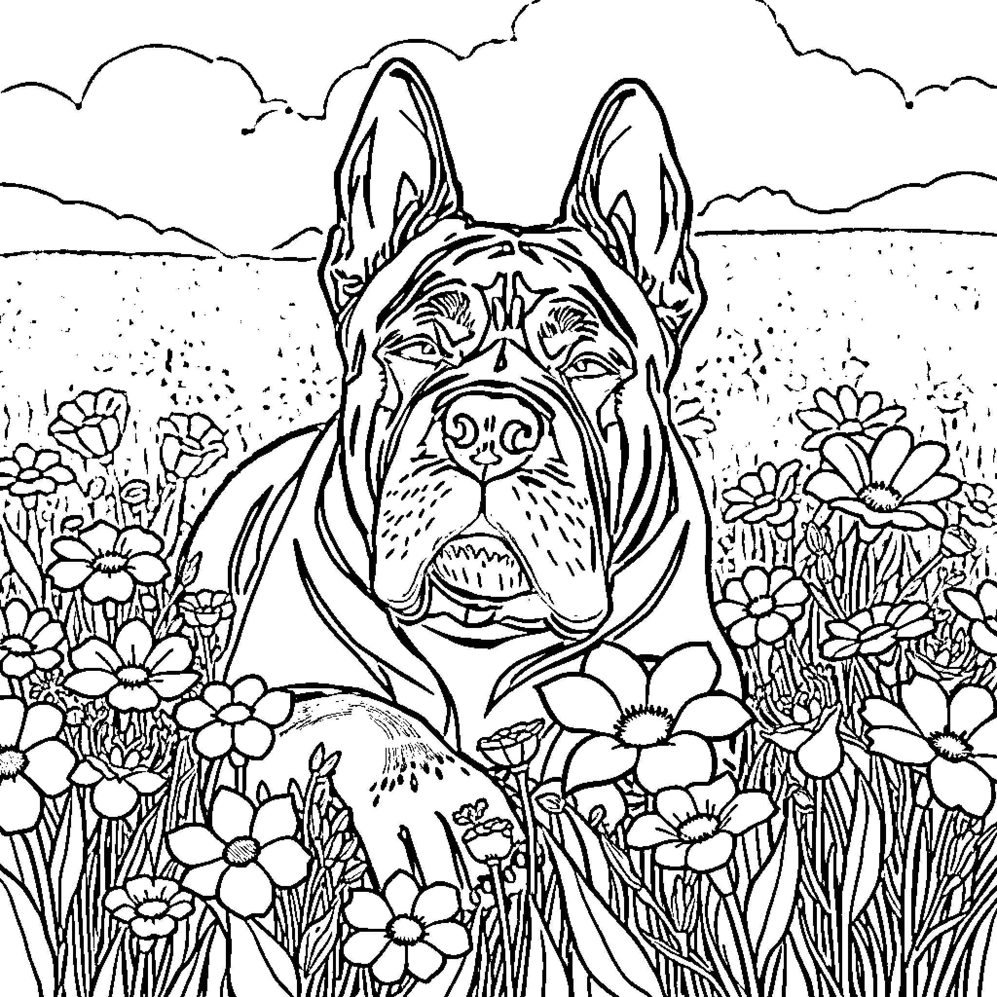 Cane Corso enjoying a meadow of flowers Coloring Page (free black-and-white line drawing printable PDF for all, from beginners to advanced learners, including children, teens, adults, and seniors)