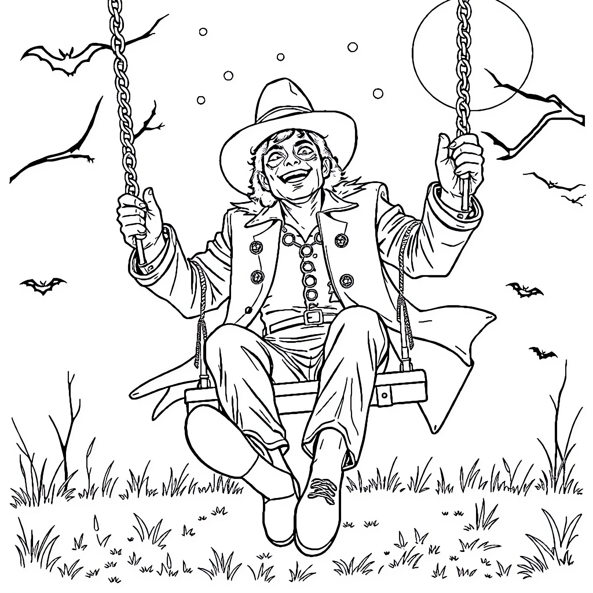 Michael Jackson in whimsical Halloween attire on a swing Coloring Page (free black-and-white line drawing printable PDF for all, from beginners to advanced learners, including children, teens, adults, and seniors)