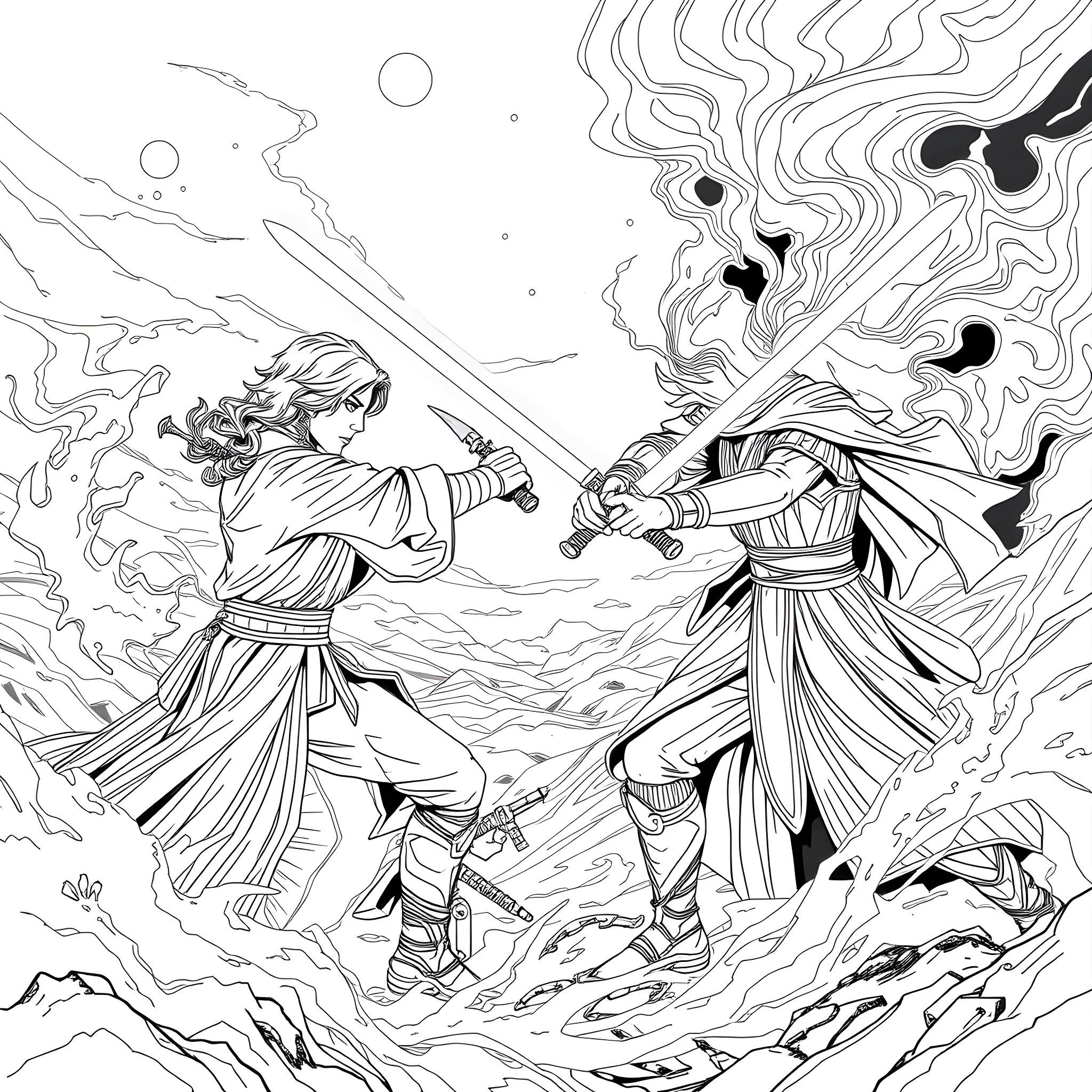 Anakin Skywalker's Legendary Duel on Mustafar Coloring Page (free black-and-white line drawing printable PDF for all, from beginners to advanced learners, including children, teens, adults, and seniors)