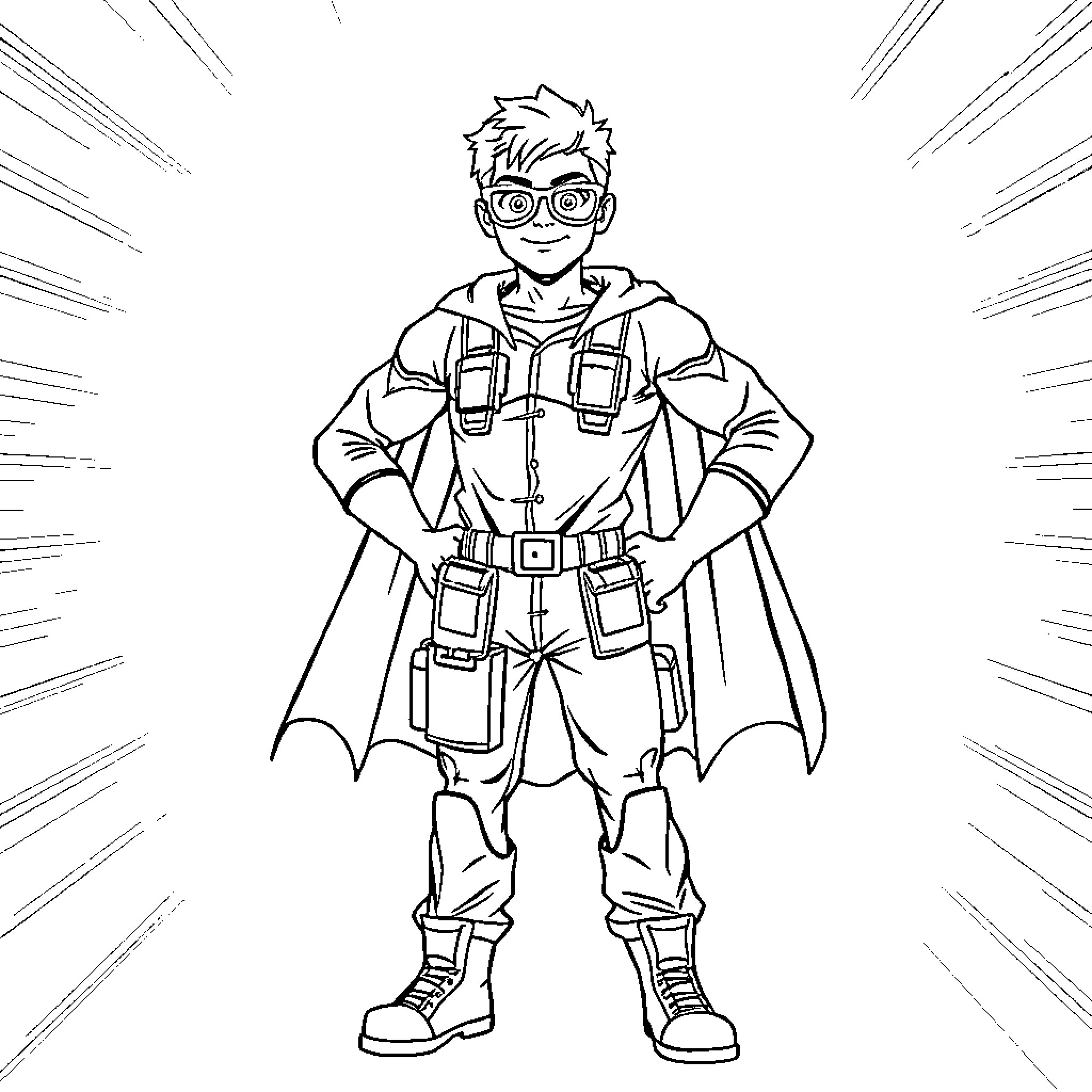 Superhero in Heroic Pose with Gear and Accessories Coloring Page (free black-and-white line drawing printable PDF for all, from beginners to advanced learners, including children, teens, adults, and seniors)