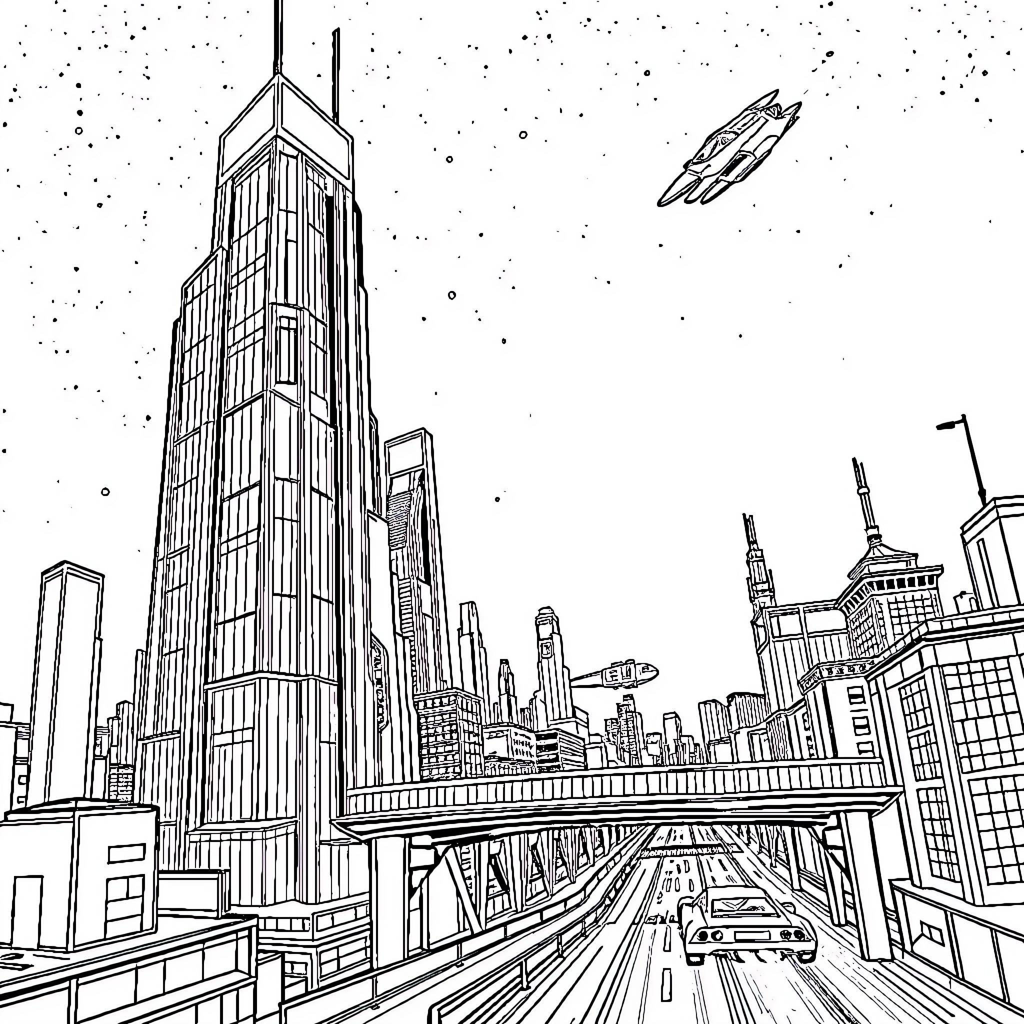 City skyline with futuristic transportation Coloring Page (free black-and-white line drawing printable PDF for all, from beginners to advanced learners, including children, teens, adults, and seniors)