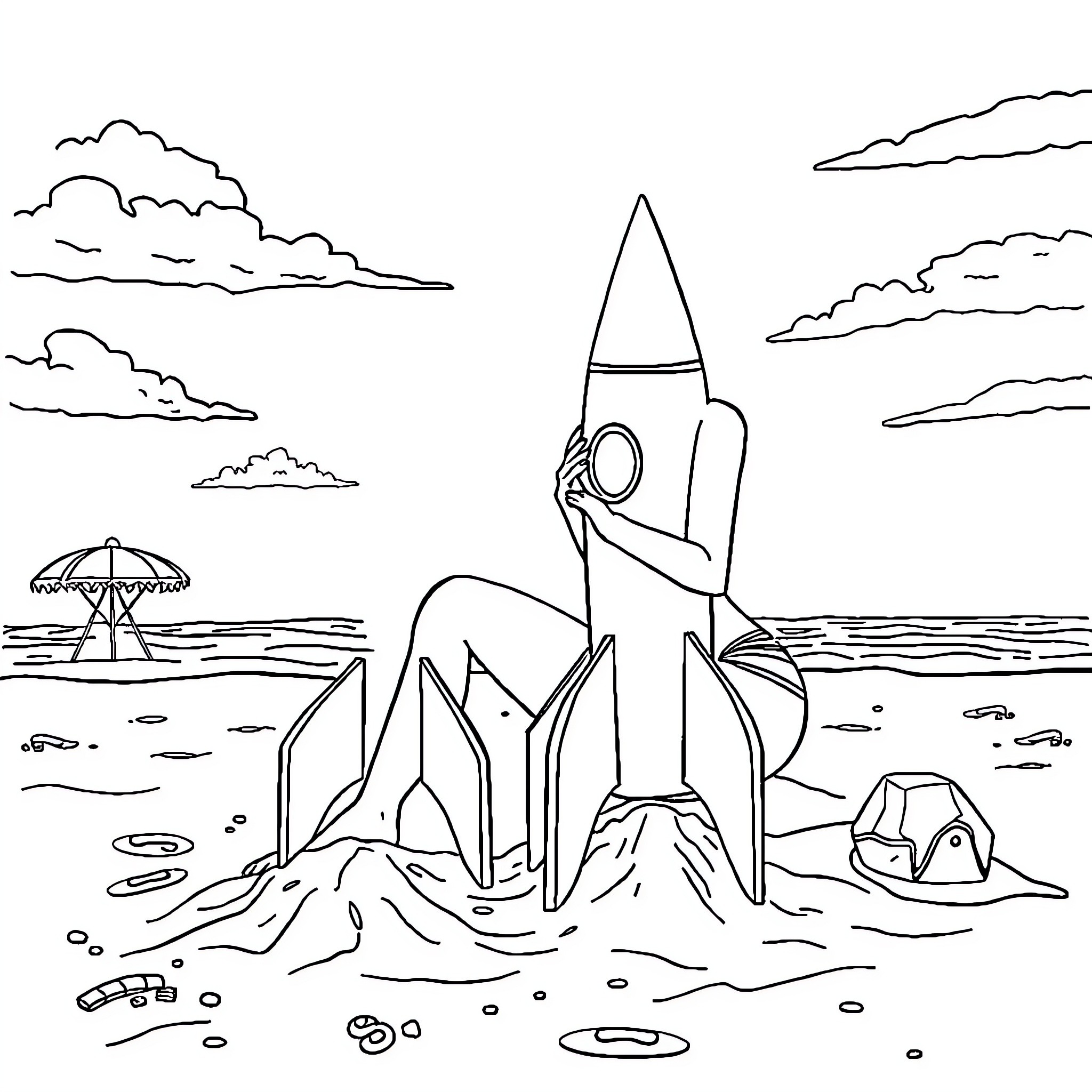 Babe launches rocket on beach vacation Coloring Page (free black-and-white line drawing printable PDF for all, from beginners to advanced learners, including children, teens, adults, and seniors)