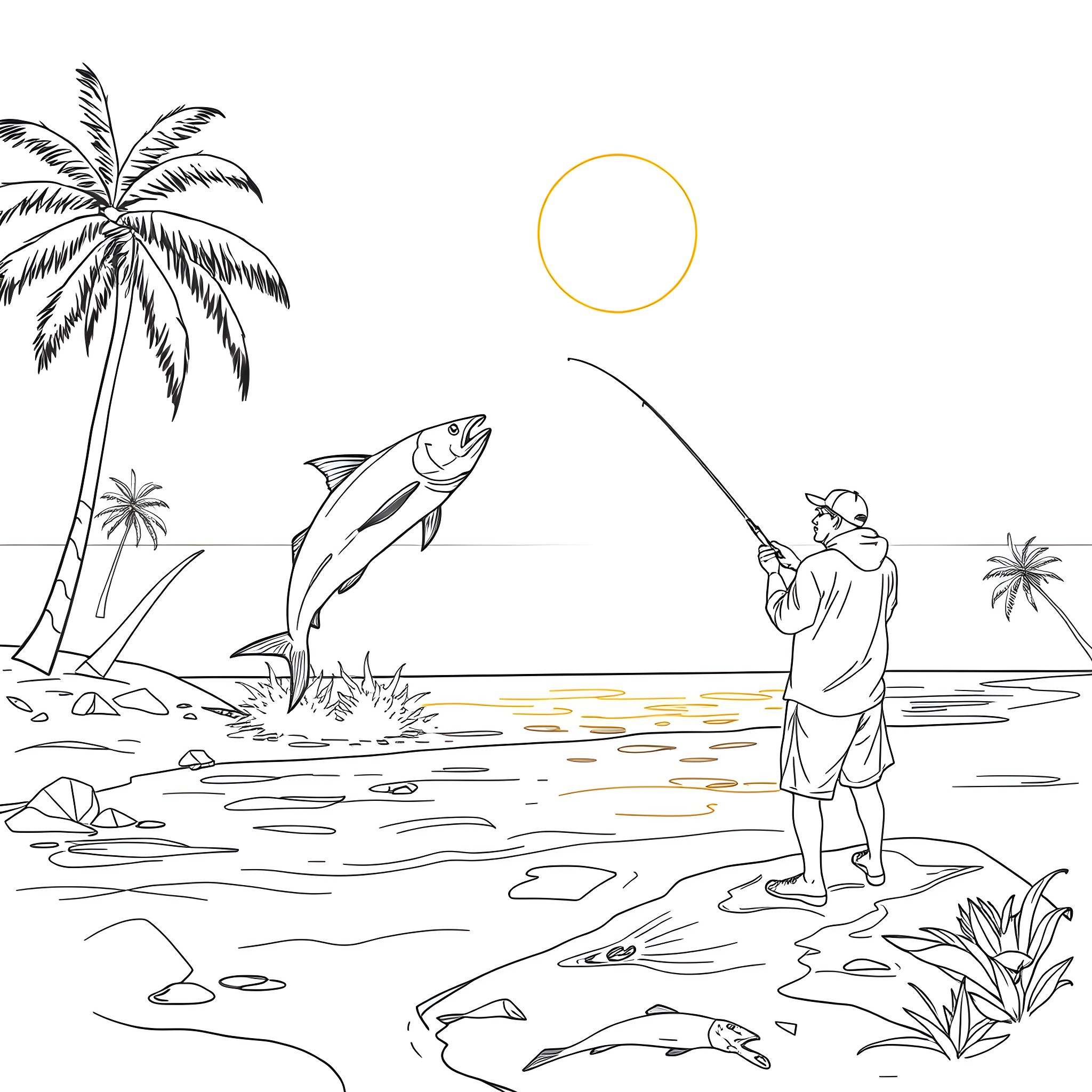 Tarpon leaping out of the water while fisherman casts line Coloring Page (free black-and-white line drawing printable PDF for all, from beginners to advanced learners, including children, teens, adults, and seniors)