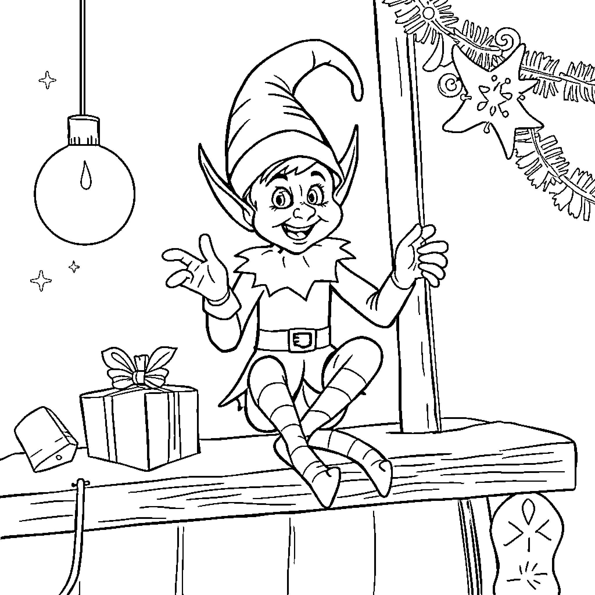Elf Decorating for the Holidays Coloring Page (free black-and-white line drawing printable PDF for all, from beginners to advanced learners, including children, teens, adults, and seniors)
