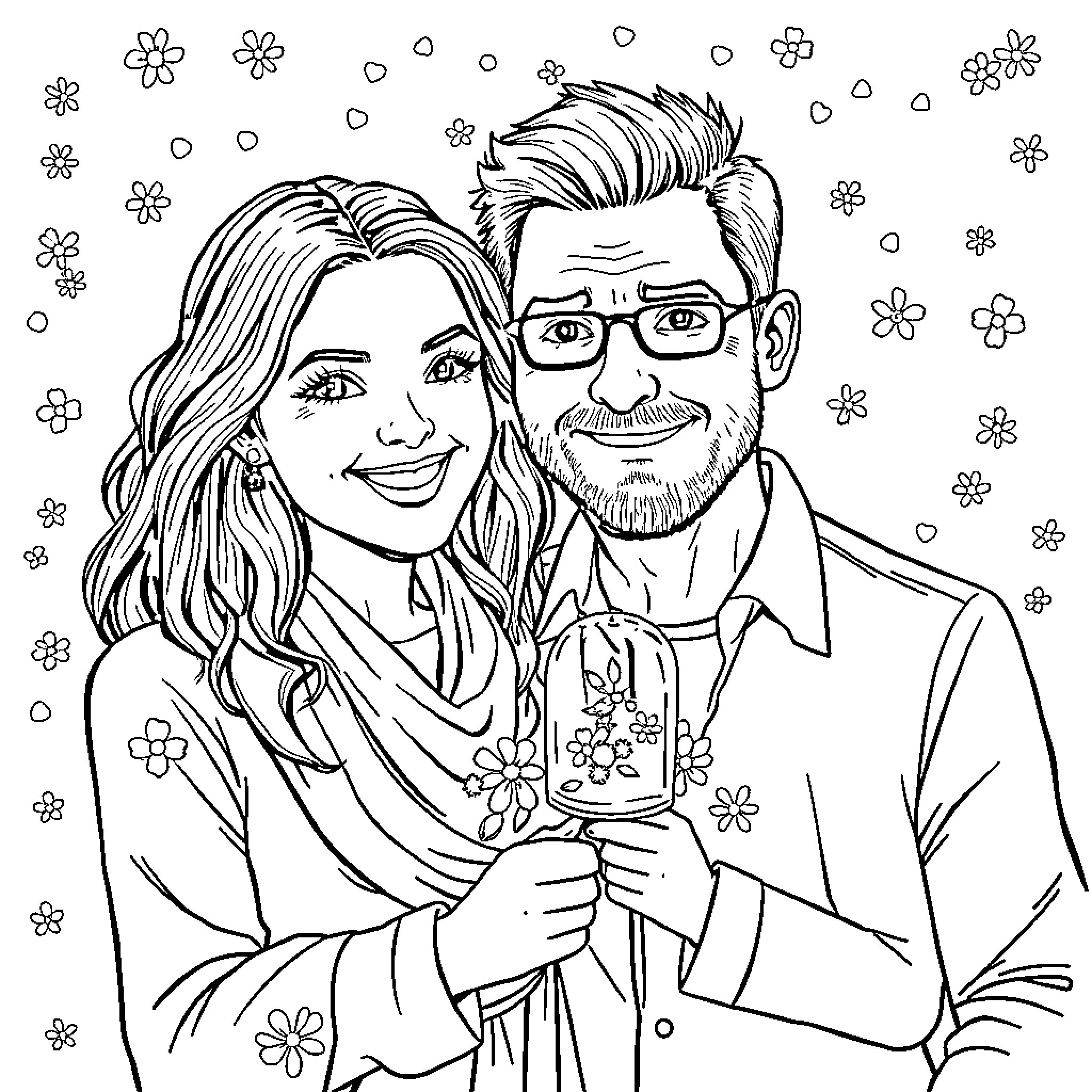 Vader's romantic encounter in a floral setting Coloring Page (free black-and-white line drawing printable PDF for all, from beginners to advanced learners, including children, teens, adults, and seniors)