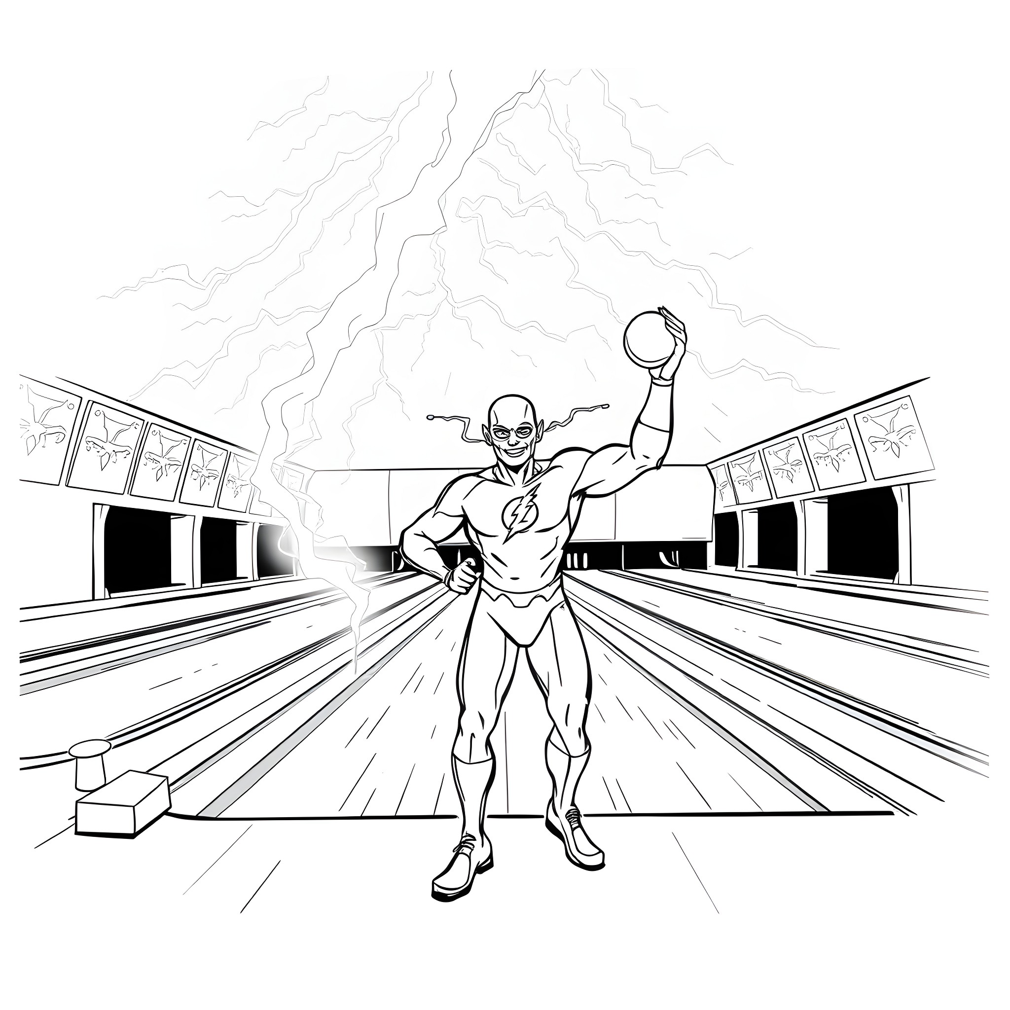 Flash speeds through the lightning-filled stadium Coloring Page (free black-and-white line drawing printable PDF for all, from beginners to advanced learners, including children, teens, adults, and seniors)