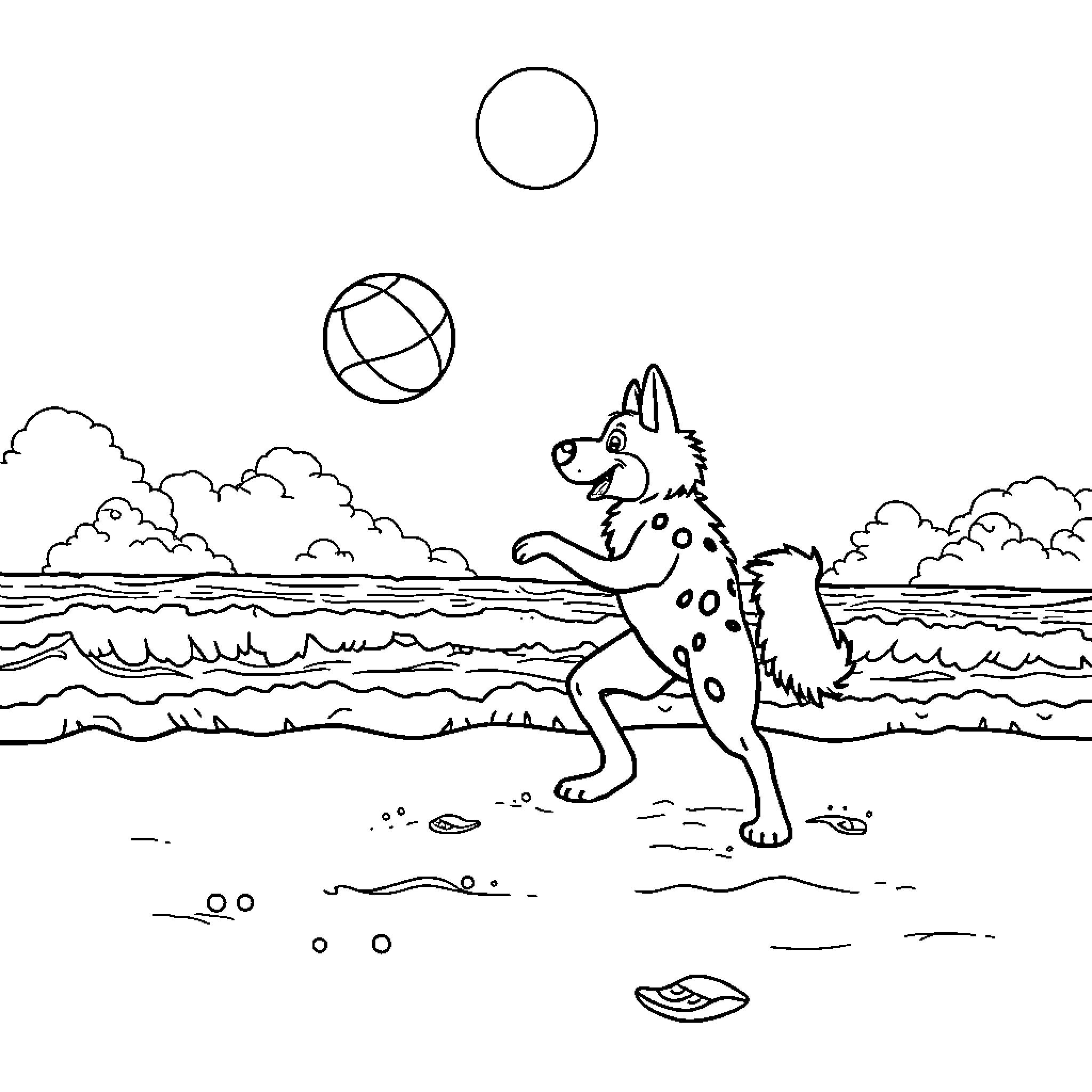 Huntrix playing fetch on the beach Coloring Page (free black-and-white line drawing printable PDF for all, from beginners to advanced learners, including children, teens, adults, and seniors)