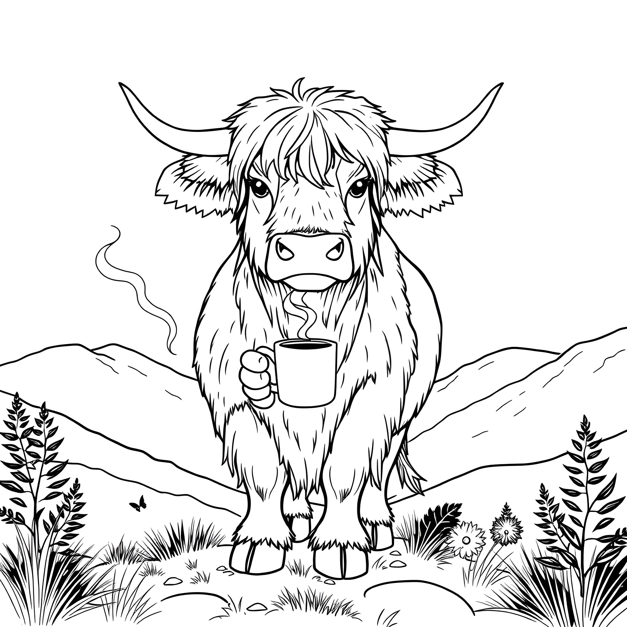 Highland Cow enjoying a warm beverage in the mountains Coloring Page (free black-and-white line drawing printable PDF for all, from beginners to advanced learners, including children, teens, adults, and seniors)