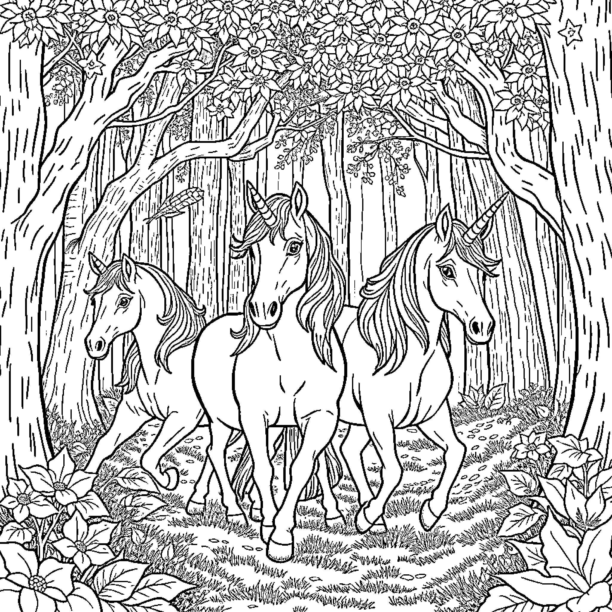 Unicorn Trio Galloping Through Enchanted Forest Coloring Page (free black-and-white line drawing printable PDF for all, from beginners to advanced learners, including children, teens, adults, and seniors)