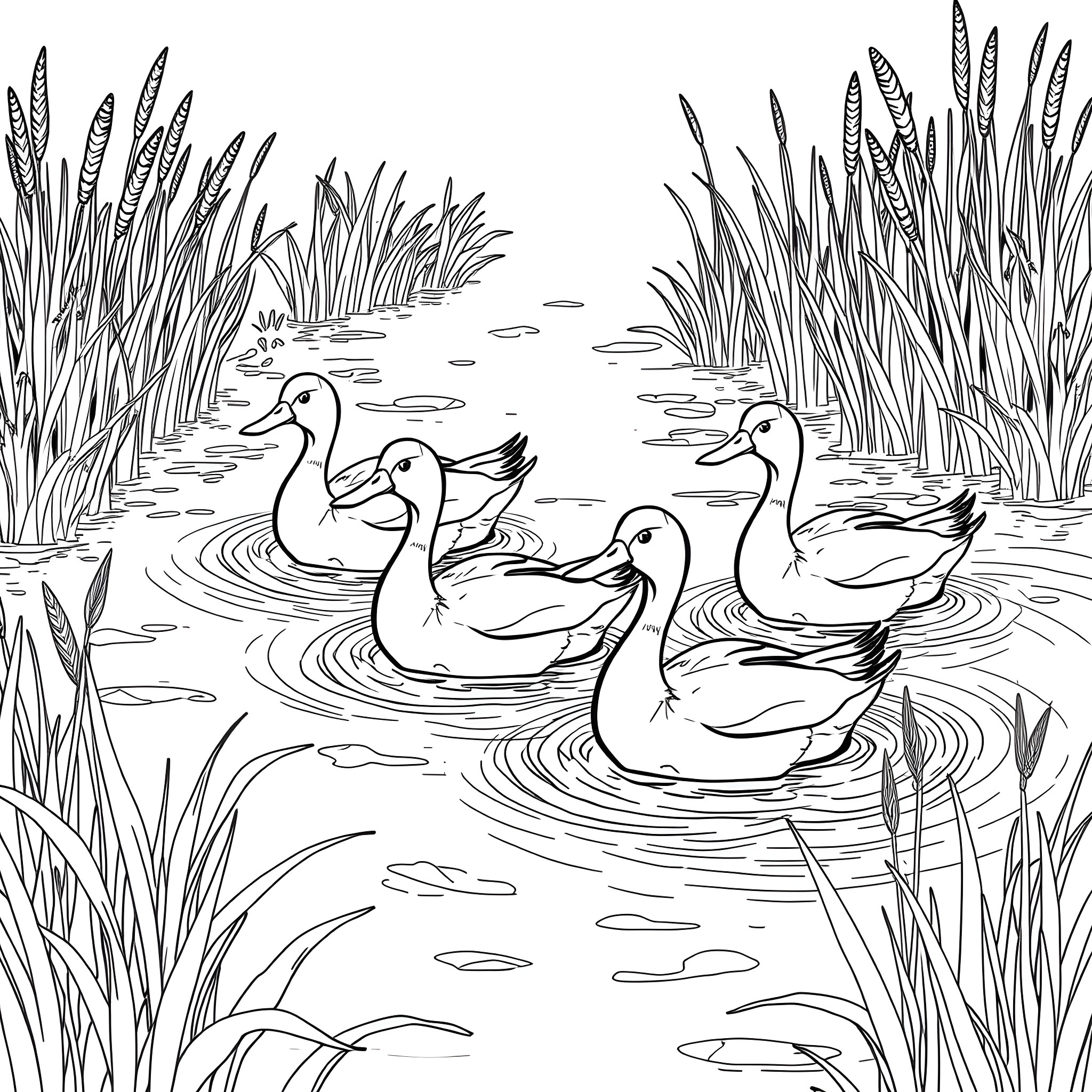 Duck Pond with Ducklings Floating in Water Coloring Page (free black-and-white line drawing printable PDF for all, from beginners to advanced learners, including children, teens, adults, and seniors)