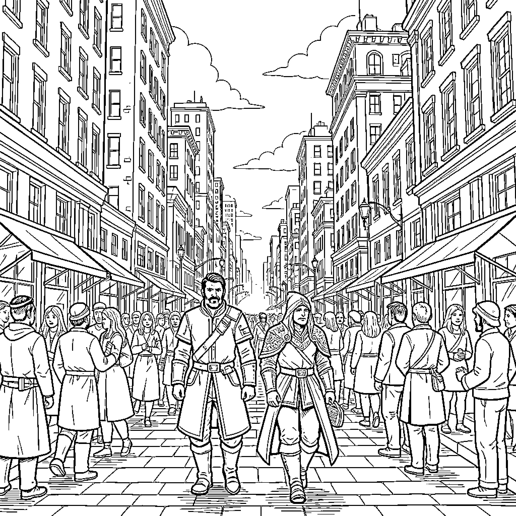Vintage style people walking through a busy city street Coloring Page (free black-and-white line drawing printable PDF for all, from beginners to advanced learners, including children, teens, adults, and seniors)